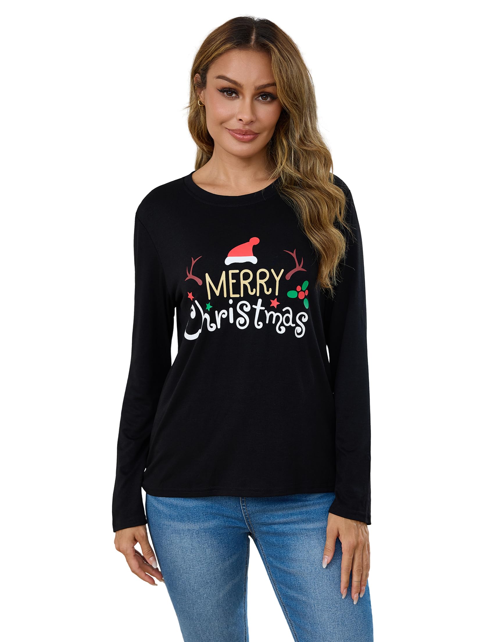 Weihnachts T-Shirt Damen Weihnachtspullover Frauen, Weihnachtsshirt Lustig Funny Tshirt, Langarm, Rundhals