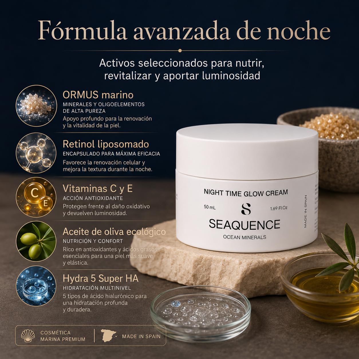 SEAQUENCE Night Time Glow Cream – Crema Facial de Noche con Retinol Liposomado, Hydra 5 Super HA y ORMUS Marino con 71 Elementos – Hidratación, Elasticidad y Luminosidad – 50 ml