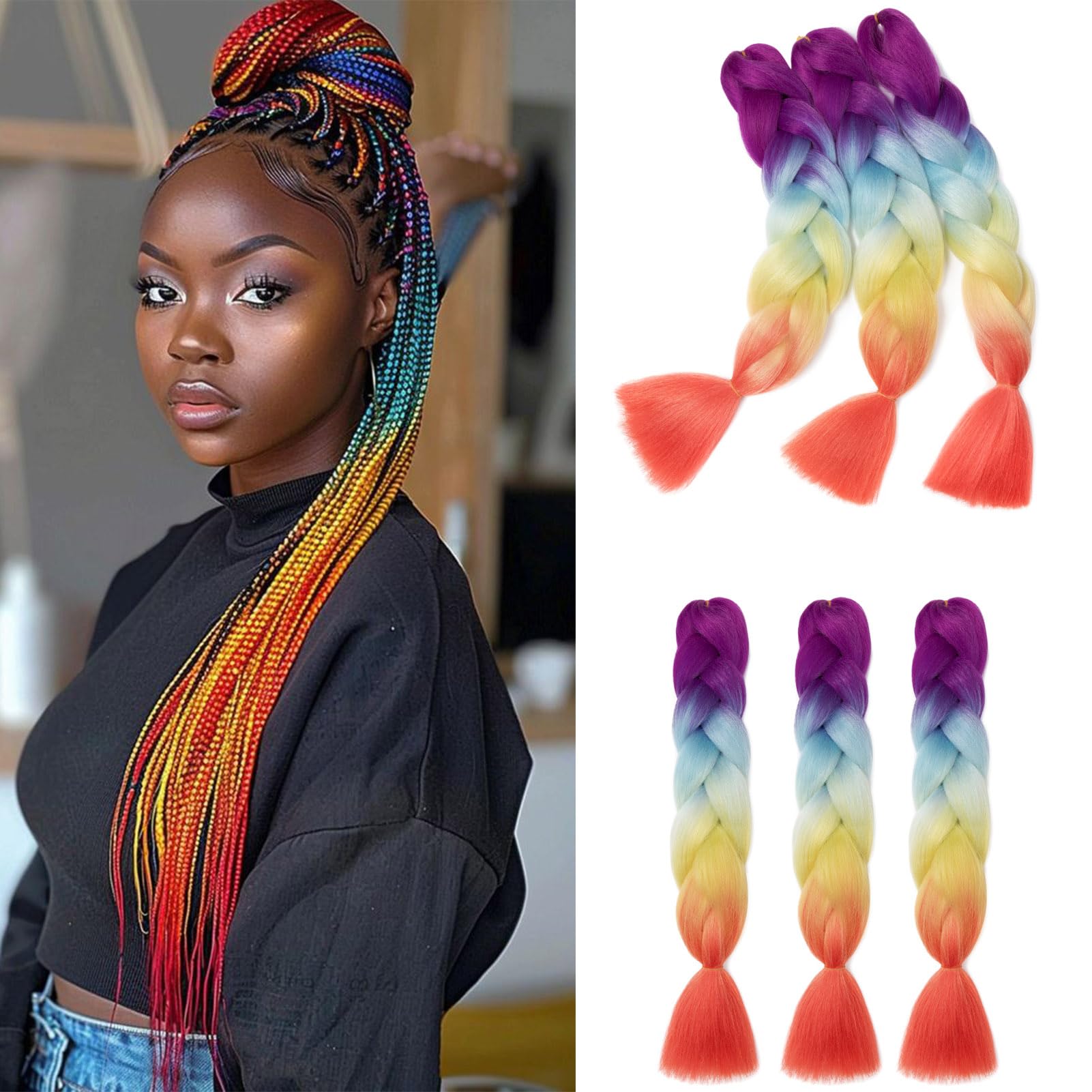 Gairyan Extension per Treccine Africane Ombre Jumbo Braiding Hair Extension a Treccia 60cm 600g 6PCS Treccine Africane Treccia Capelli Finti Sintetici Afro, Viola-Blu-Giallo-Arancione