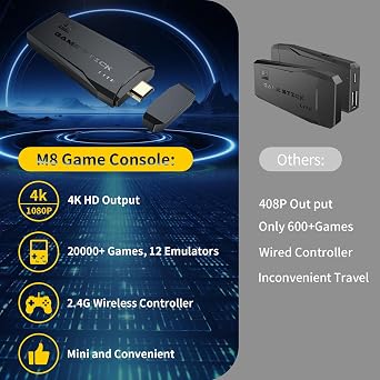 Wireless Retro Game Console Stick Built-in 20000+ Classic Games, 4K HDMI Output Nostalgia Plug & Play Retro Video Gaming Stick, Retro Game Consolewith 9 Emulators and Dual 2.4G Wireless Controller