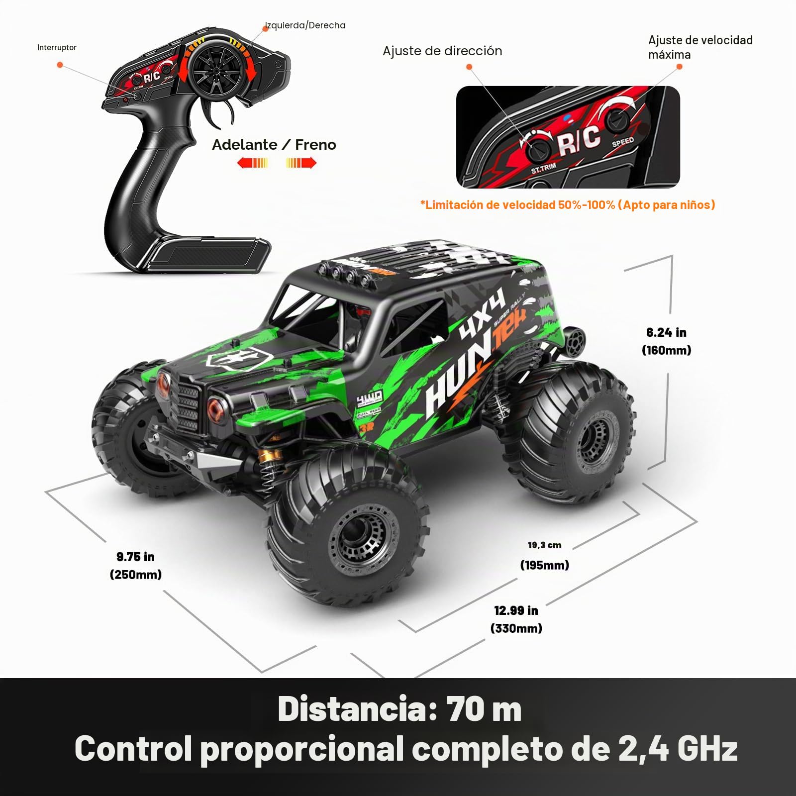 Coche Teledirigido 1:14 4WD 40 KM/H RC Coche Radiocontrol 4x4 con 2 Baterías 7.4V 1300mAh, Neumáticos de Pala Extra y Jaula Antivuelco Completa, Regalo Ideal para Adultos y Niños