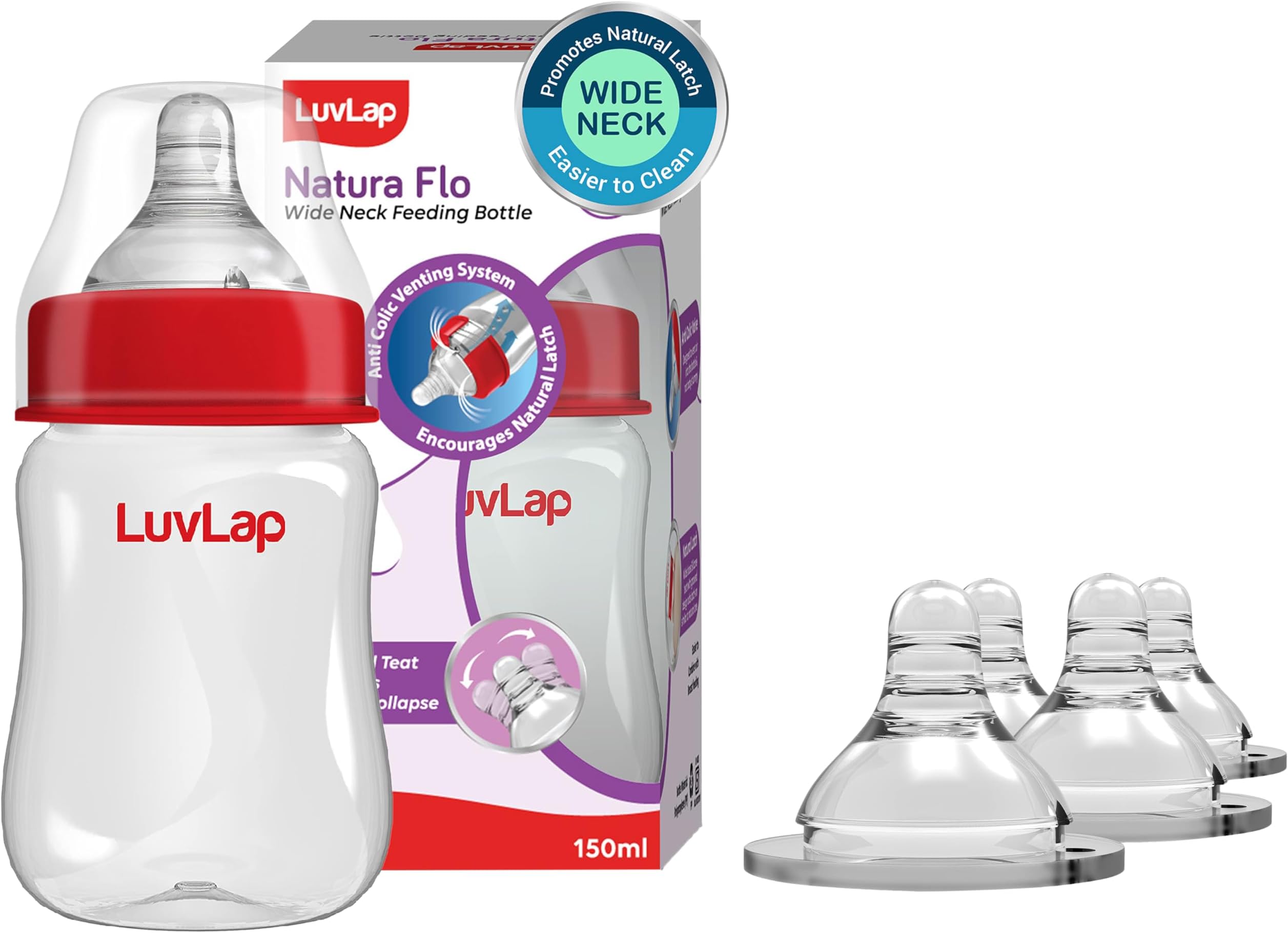 Luvlap Anti-Colic Natura Flo Teat/Nipple for Wide Neck Bottle, 4pcs, Fast Flow, 6m+ & LuvLap Anti-Colic Wide Neck Natura Flo Baby Feeding Bottle, 150ml, New Born/Infants/Toddler Upto 3 Years, BPA Free