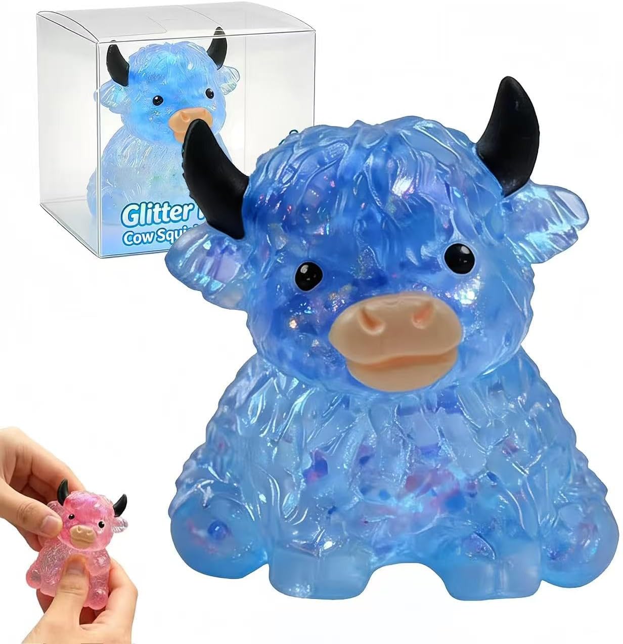 Glitter Highland Cow Squishies Fidget Toy, Soft Slow Rising Sensory Stress Relief Ball, Cute Animal Squeeze Toy for Adults, Anxiety Calming, Easter Basket Stuffer Party Favor for Cow Lovers (Blue)