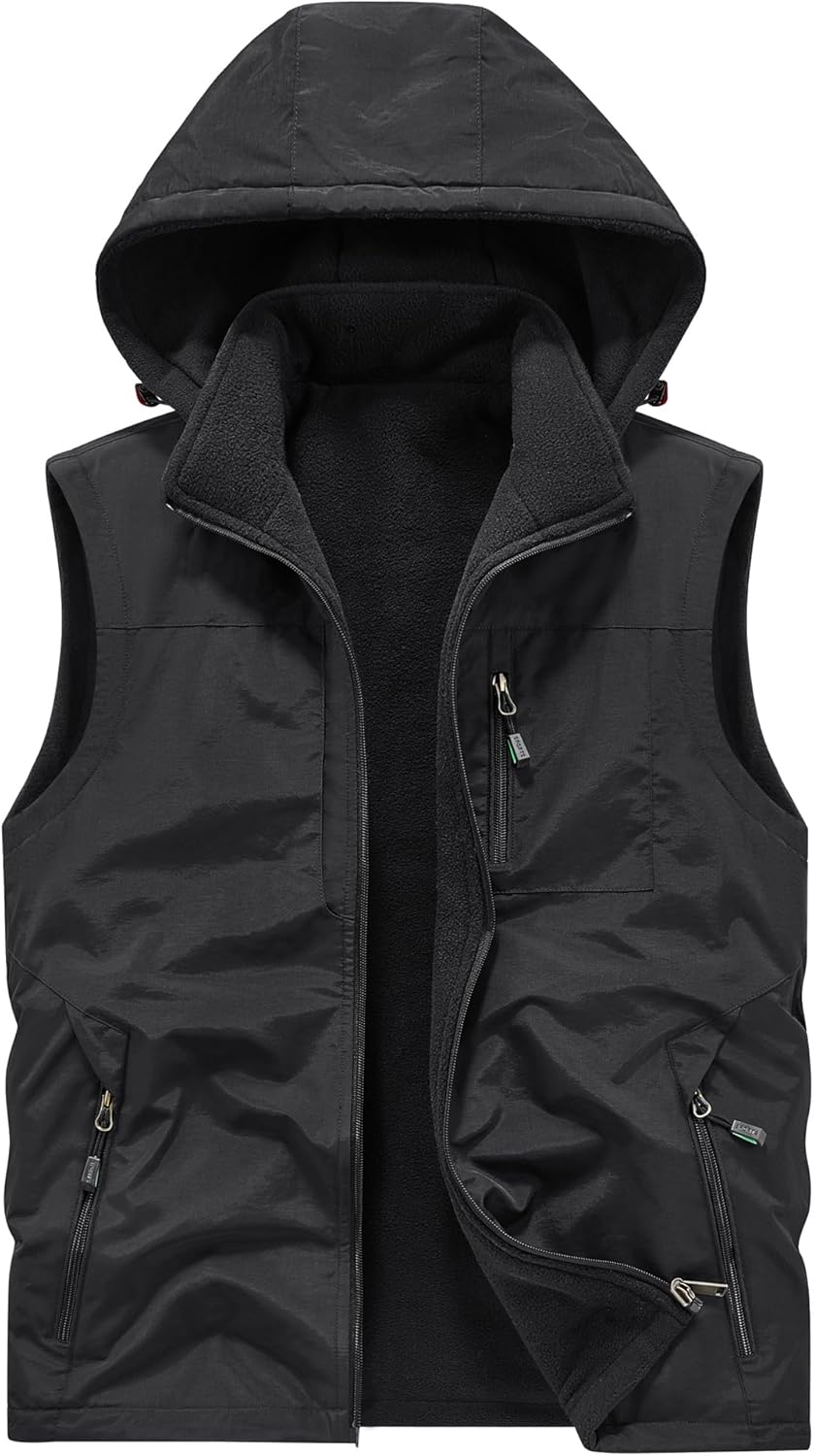 Men's Hooded Vest, Black, Sleeveless Fleece Lined Jacket with Multiple Zipper Pockets