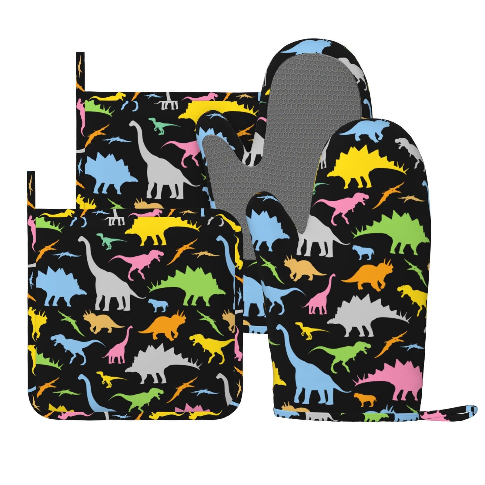Cartoon Dino Dinosaur Oven Mitts and Pot Holders Sets of 4, Heat Resistant Silicone Oven Mittens and Potholders Gloves Hot Pads for Kitchen Cooking Baking Grilling BBQ Chef