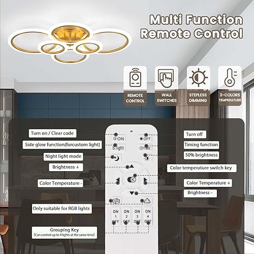 Miniatura 8 de Lámpara de techo moderna dorada de montaje empotrado, 6 anillos regulables, lámpara de techo moderna con control remoto, lámpara de techo para sala