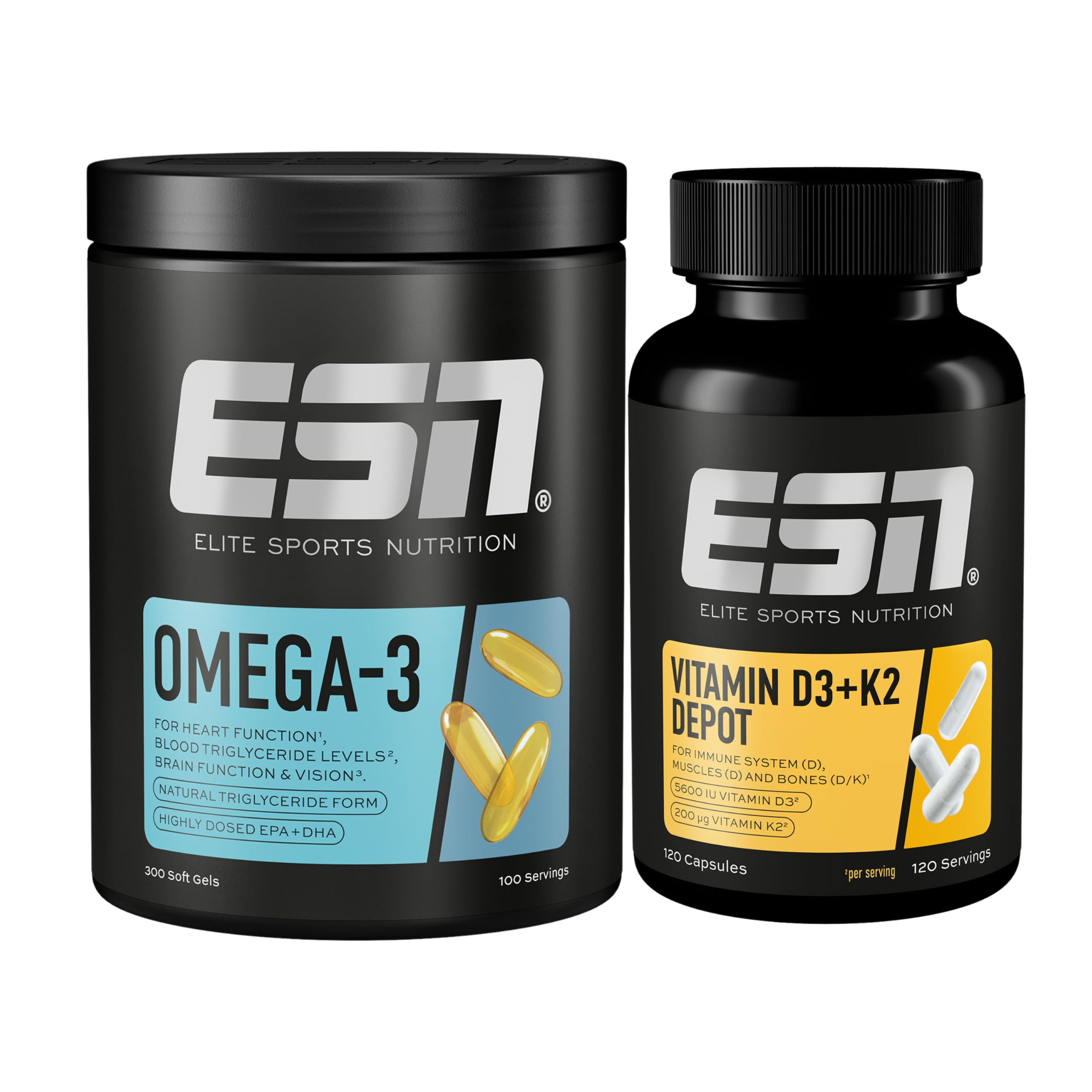 ESN Omega-3, 300 Kapseln + Vitamin D3 + K2, 120 Kapseln | Bundle aus hochdosiertem Fischöl, Vitamin D3 und K2