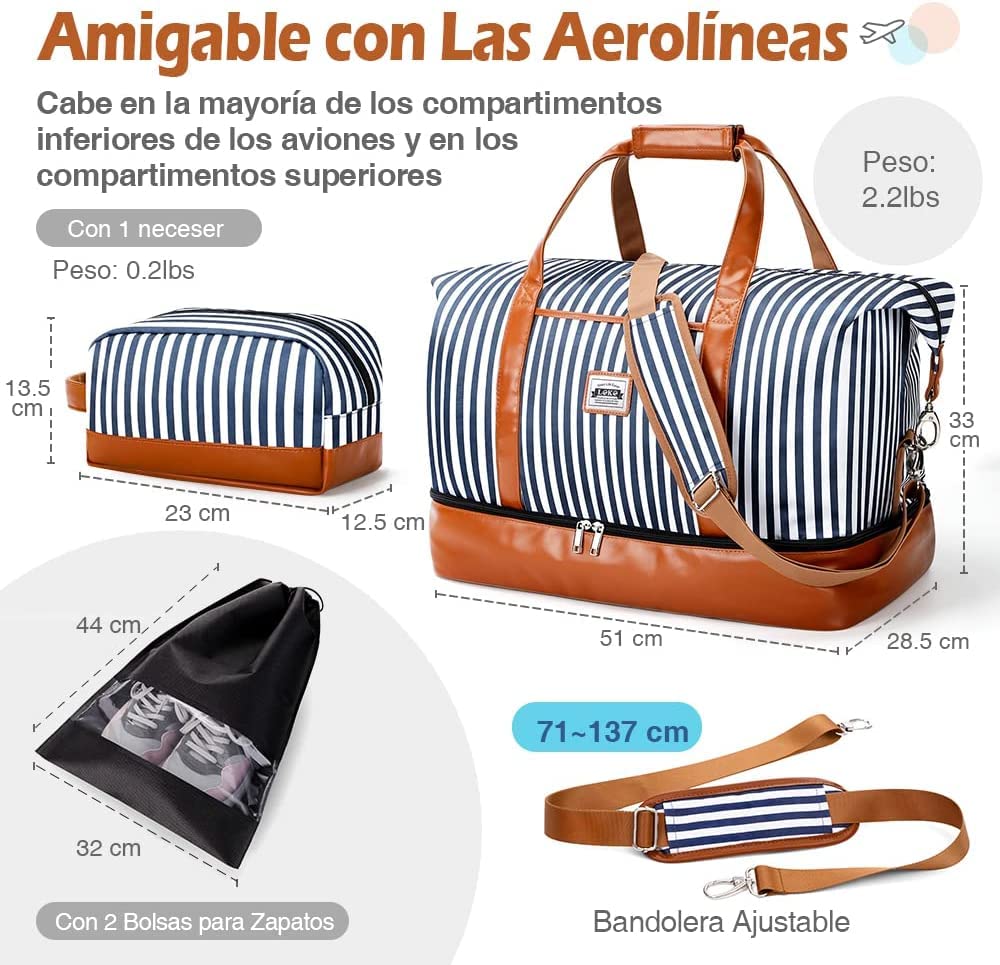 Bolsa de Viaje Mujer 50L,Grande Weekender Bag Doble con Compartimento Impermeable Separado,Equipaje de Mano Bolsa Maternidad Hospital con 1 Neceser y 2 Bolsas Zapatos - Rayas