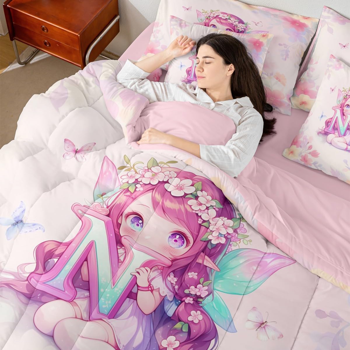 Erosebridal フローラルフェアリーベッドインバッグツイン | イニシャル N プリンセス 掛け布団セット シーツ付き キッ