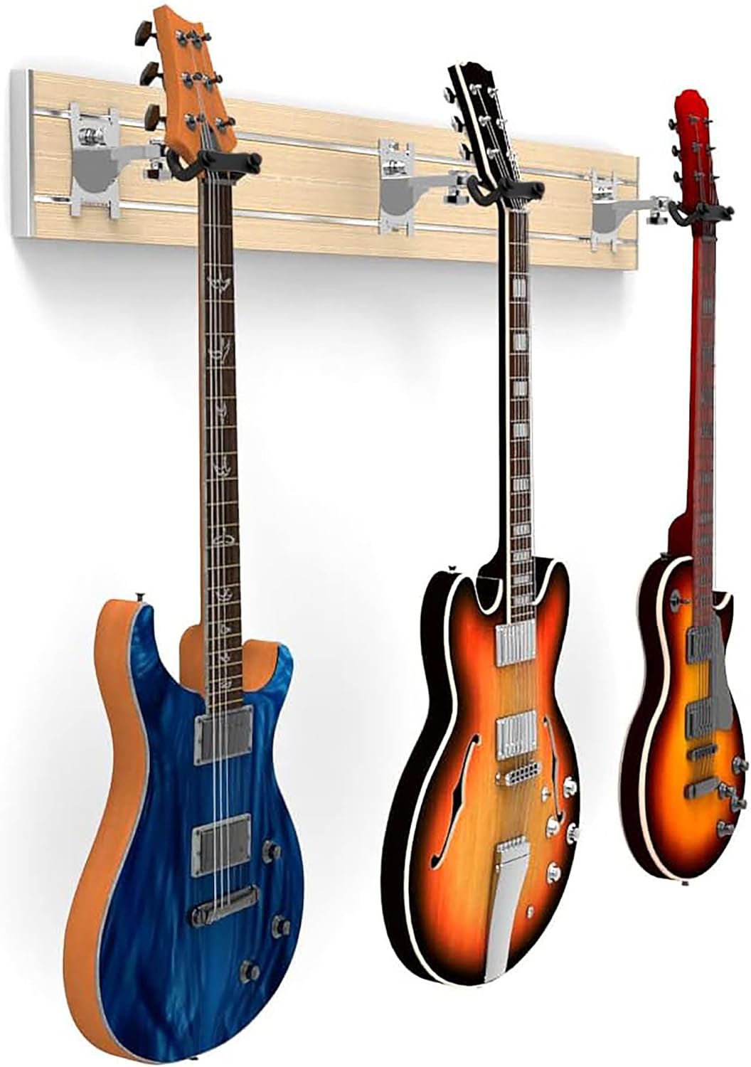 DLDIRECT Horizontal Guitar Wall Mount + 3 Chrome Hooks: Rack & Hanger Holder Stand, Banjo Ukulele Accessories Violin Organizer -48~'' Maple