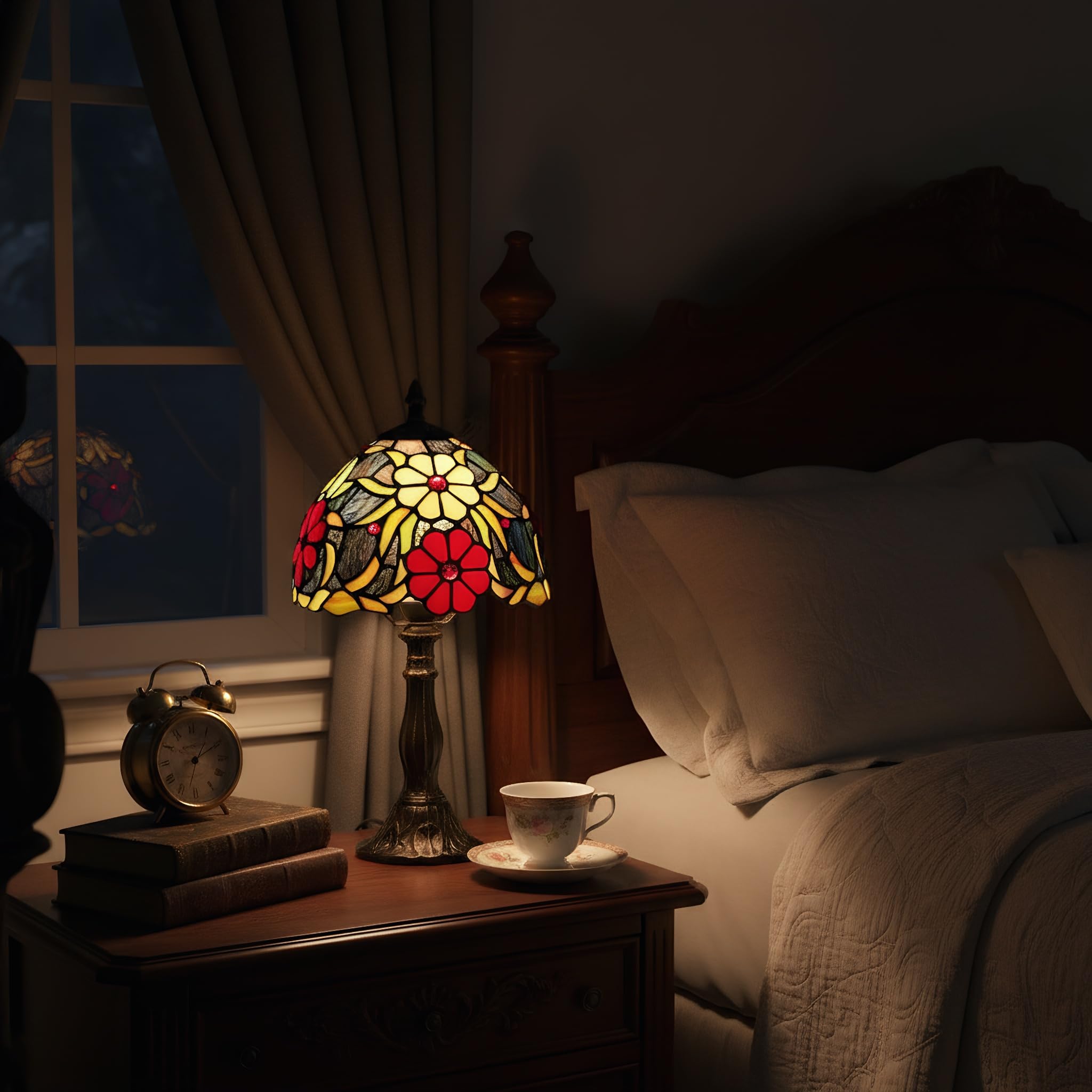 BARCELONA LED Lámpara de Mesa Estilo Tiffany “Saura” Ø20cm | Lámpara Sobremesa Vintage Clásica de Vidrio Art Nouveau. Lámpara Mesita de Noche Retro E27 para Salón y Dormitorio