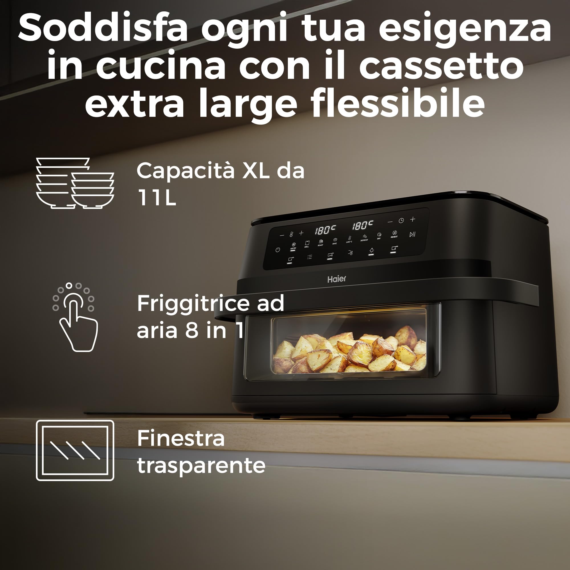 Haier Friggitrice ad Aria Doppio Cassetto 11 Litri con Finestra, 1500W, Doppio Elemento Riscaldante, Luce LED Interna, Controllo Touch, 60-200°C, App hOn, Nero HAF3ADW 011