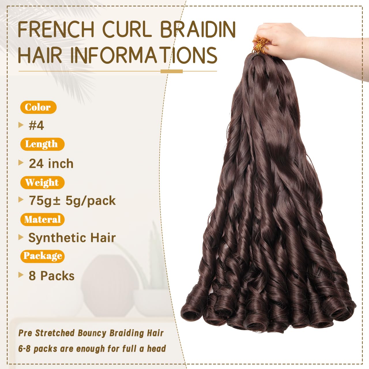 French Curl Braiding Hair Pre Stretched Bouncy Braiding Hair Curly Extension for Braids Synthetic Brown French Curl Braids for Black Women 8 Packs 24 Inch