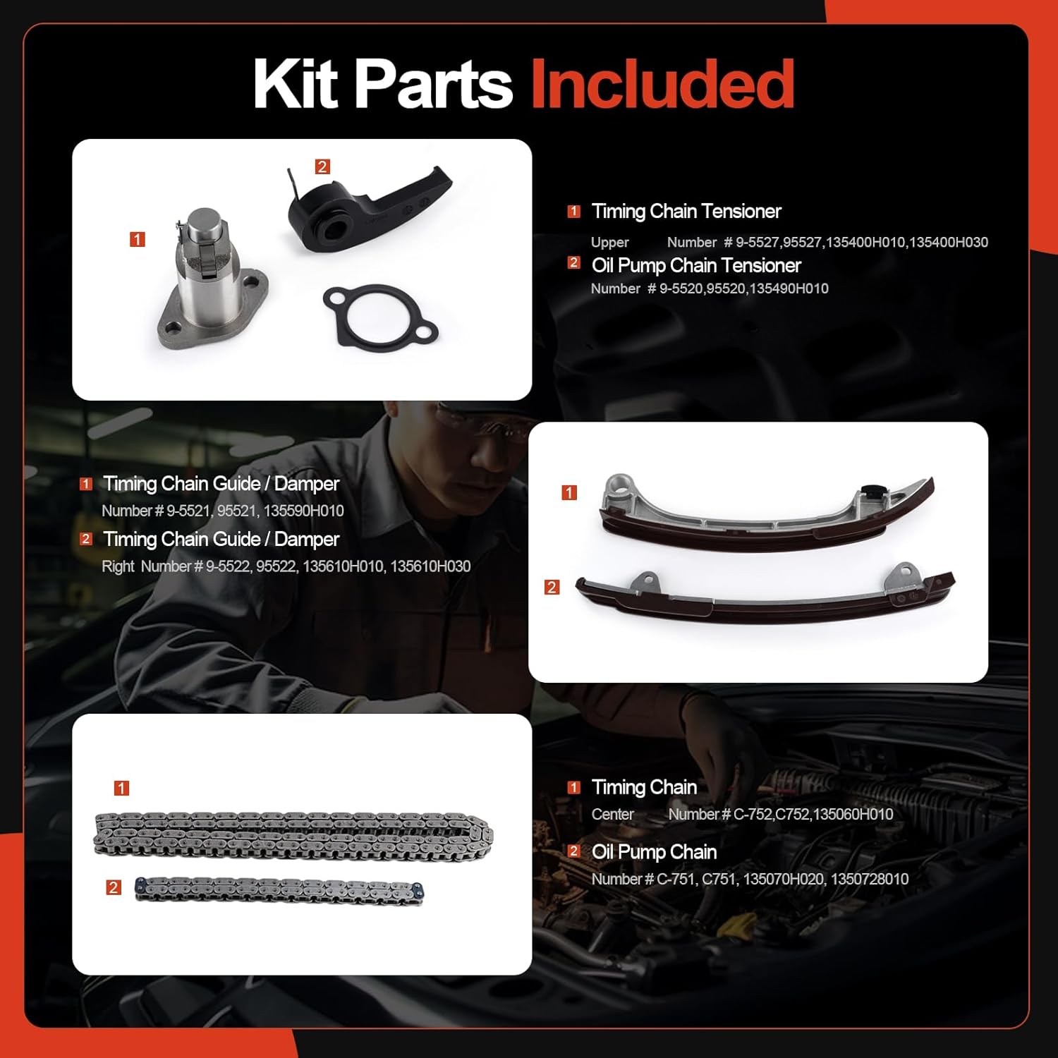 8-PC Engine Timing Chain Kit Compatible with Toyota Camry 2002-2011, RAV4 2001-2008, Corolla 2009-2012, Highlander, Matrix & Scion tC, xB & Lexus HS250h & Pontiac Vibe - DOHC, L4 2.0L 2.4L