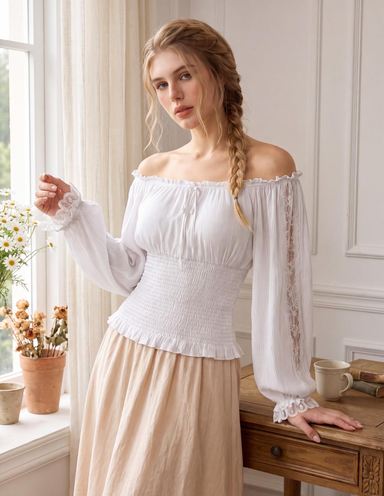 SCARLET DARKNESS Renaissance Schulterfrei Langarm Damenblusen