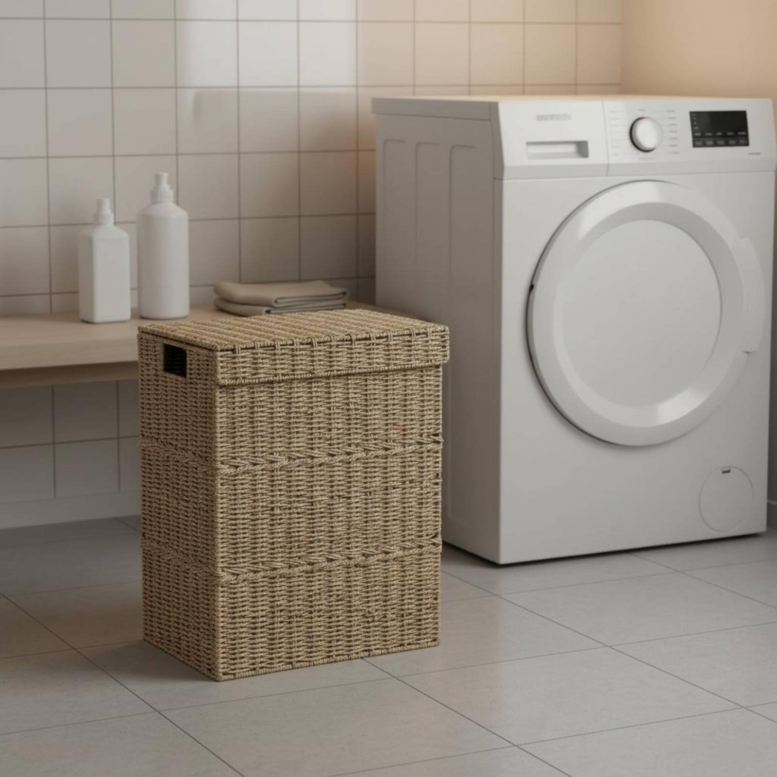 2 Stück Wäschekorb mit Deckel geflechtetes Rattan-Designoptik Aufbewahrungskorb dekorativ Aufbewahrungsbox, Set Aus 2 Wäschekörben Klein + Groß