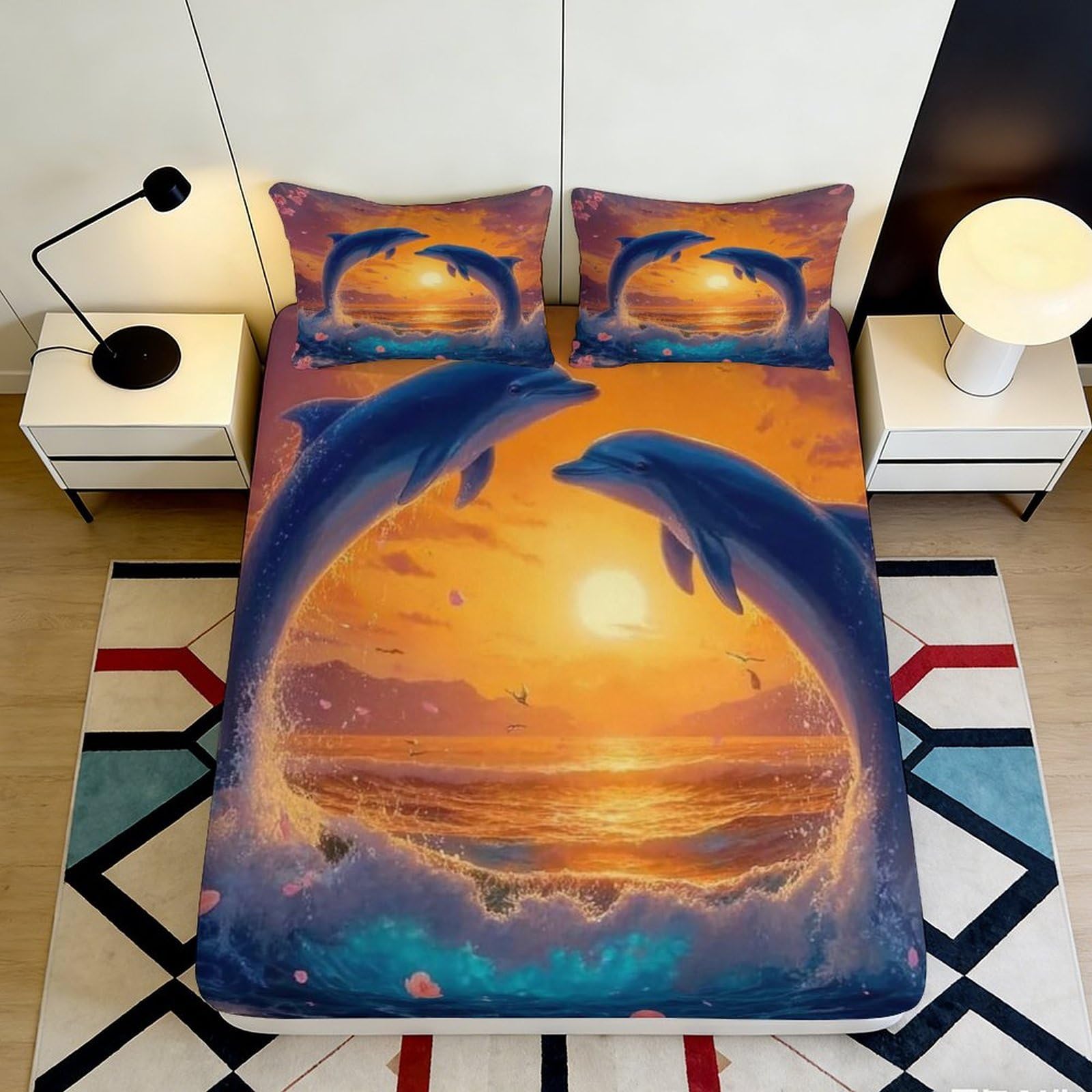 3D Printed Dolphin Sunset Fitted Sheet Microfiber Deep Pocket Non-Slip Bedroom Bedding Dolphin Mattress Fitted Cover Washable for Adults Teens 180x200x25cm
