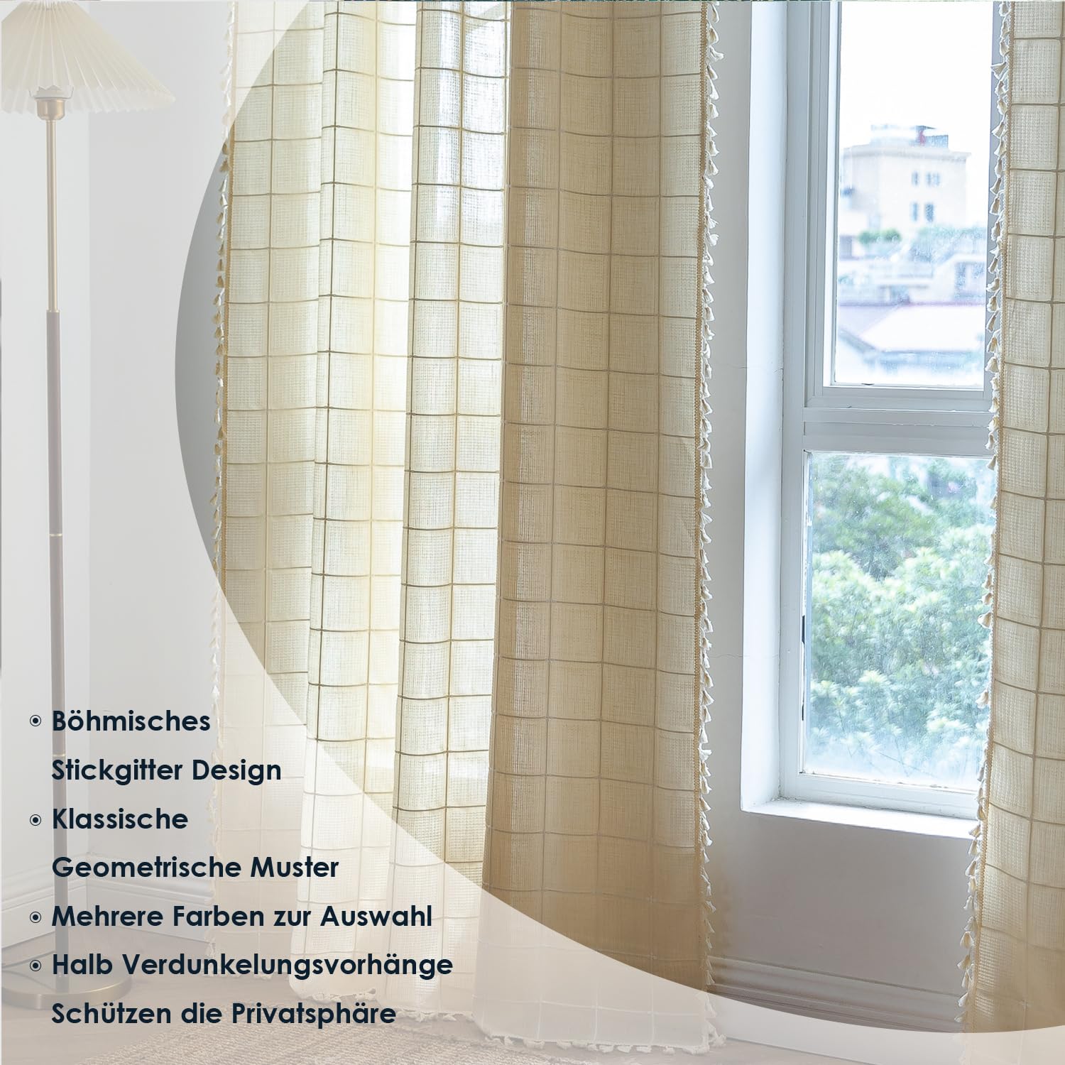 Tende in lino beige con nappe ricamate a griglia, tende vintage in stile country, per camera da letto e soggiorno, 1 pezzo, 132 x 120 cm (larghezza x altezza)