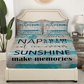 Homewish Lake Rules Fitted Sheet Queen Size Lake Theme Bedding Set Rustic Farmhouse Sheet Set,Teal Gray Wood Panels Bed Cover Ultra Soft Breathable Bedspread 3 Pcs for Kids Teens Boys