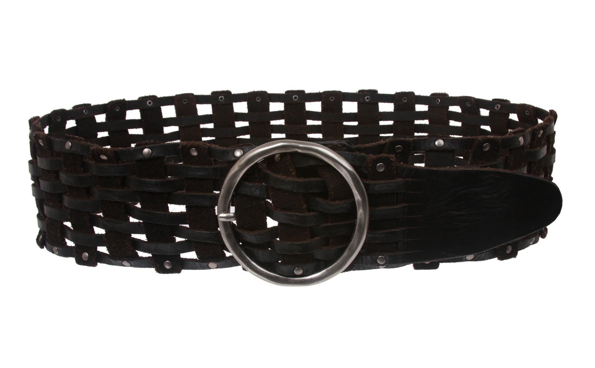 Cinturón redondo de cuero trenzado vintage de 7,62 cm de ancho para mujer - negro - 85/99 cm/L/XL