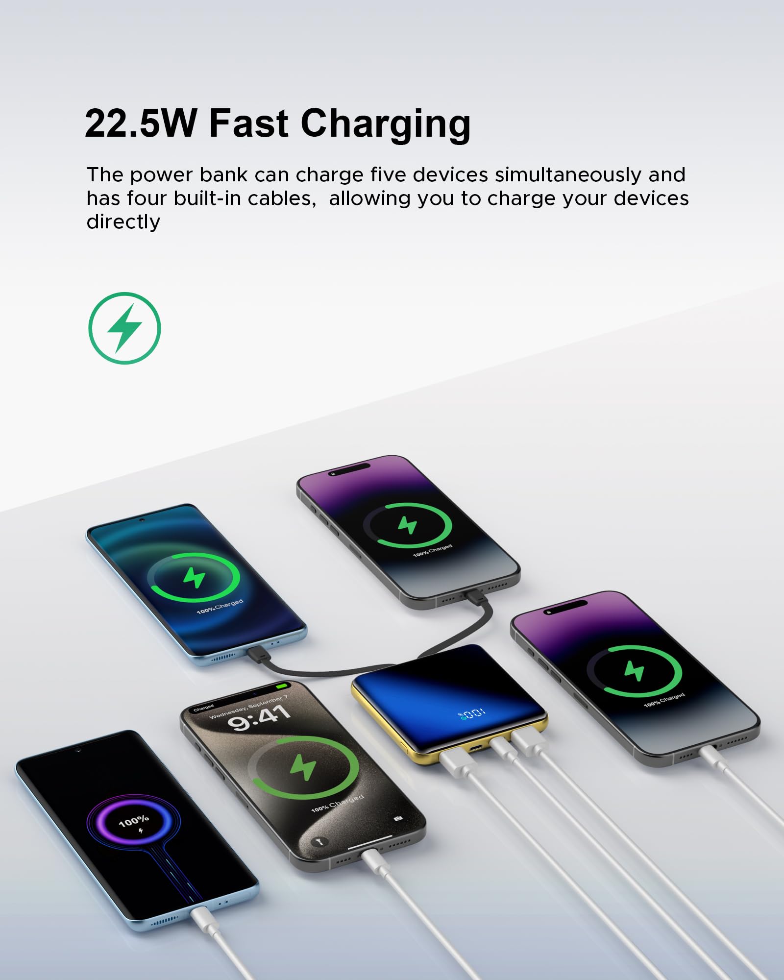 Caricabatterie portatile da 10000 mAh, Power Bank con cavo integrato, alimentatore di ricarica rapida da 22,5 W, display a LED intelligente, batteria esterna compatta, adatto per iPhone