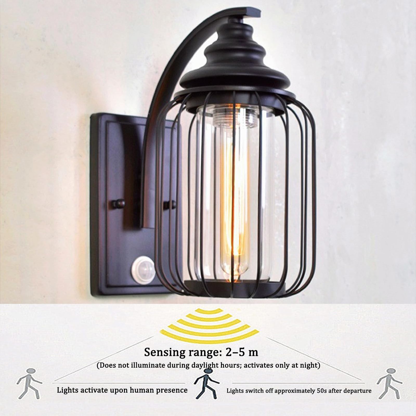 E27 Zewnętrzna lampa ścienna z czujnikiem ruchu IP65 wodoodporna oprawa ścienna czarna metalowa klatka i klosz szkło retro oświetlenie ścienne do willi na taras ogrodowy (czarny, 1 sztuka)