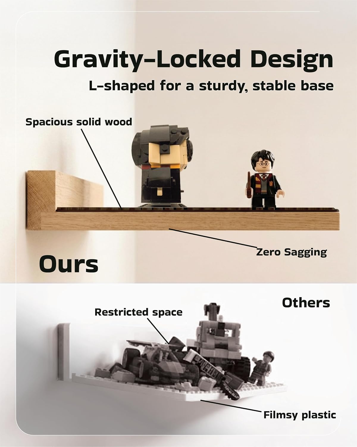 Tapeera Large Wooden Minifigure Display Shelf - Floating Shelves Compatible with Lego Minifigures, Building Brick Sets - Large 48x24 Studs Baseplate Wall Mount Display Case for Kids Room (Black, 2-Pack)