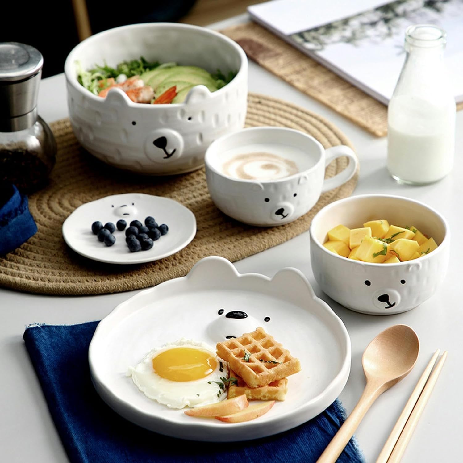 Cute White Bear Plate, Dishes, Microwave Oven, Home Cartoon Japanese Creative Breakfast Tableware Set-Mug