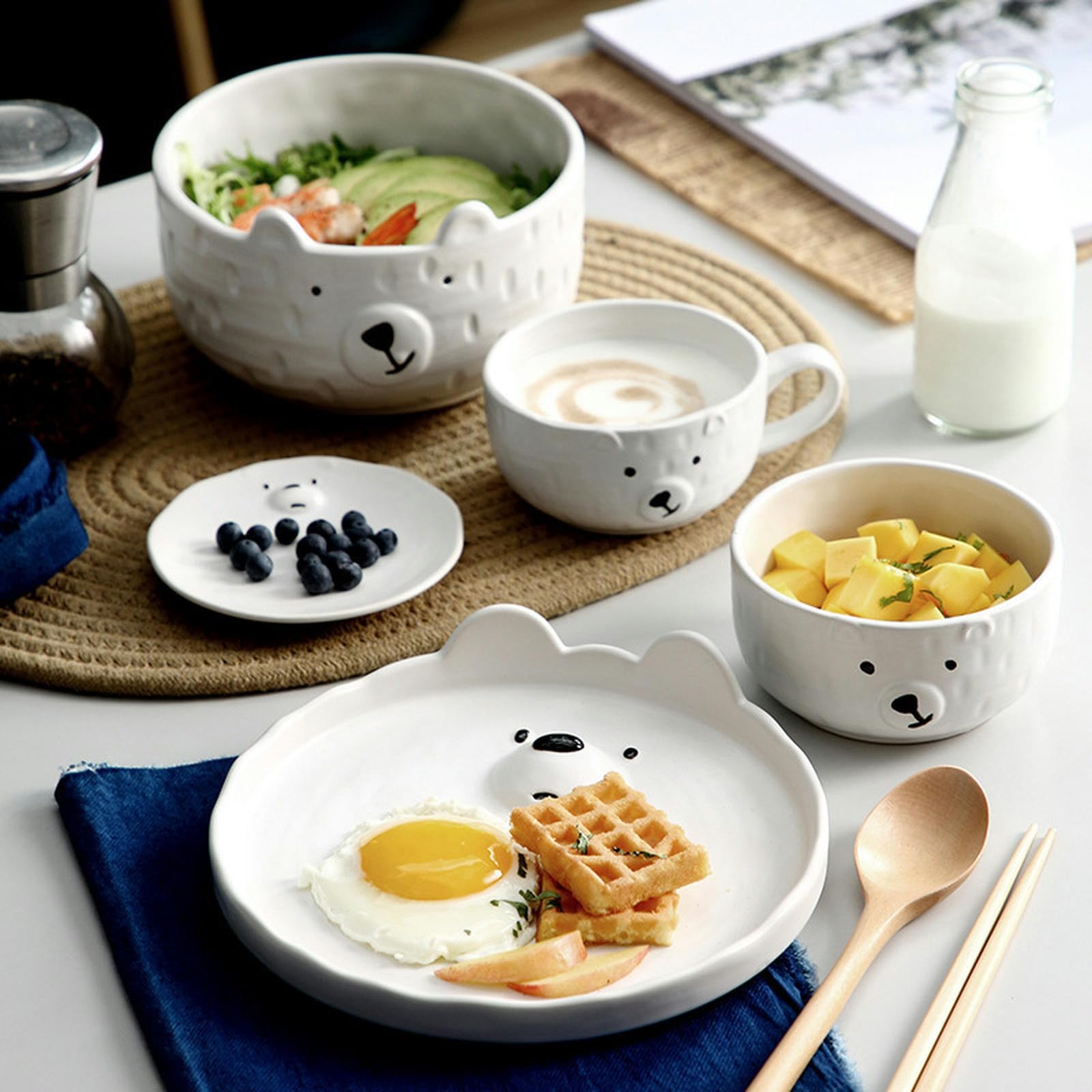 Assiette, vaisselle, four à micro-ondes, motif ours blanc, ensemble de vaisselle créative japonaise pour petit déjeuner - fourchette et cuillère à ours