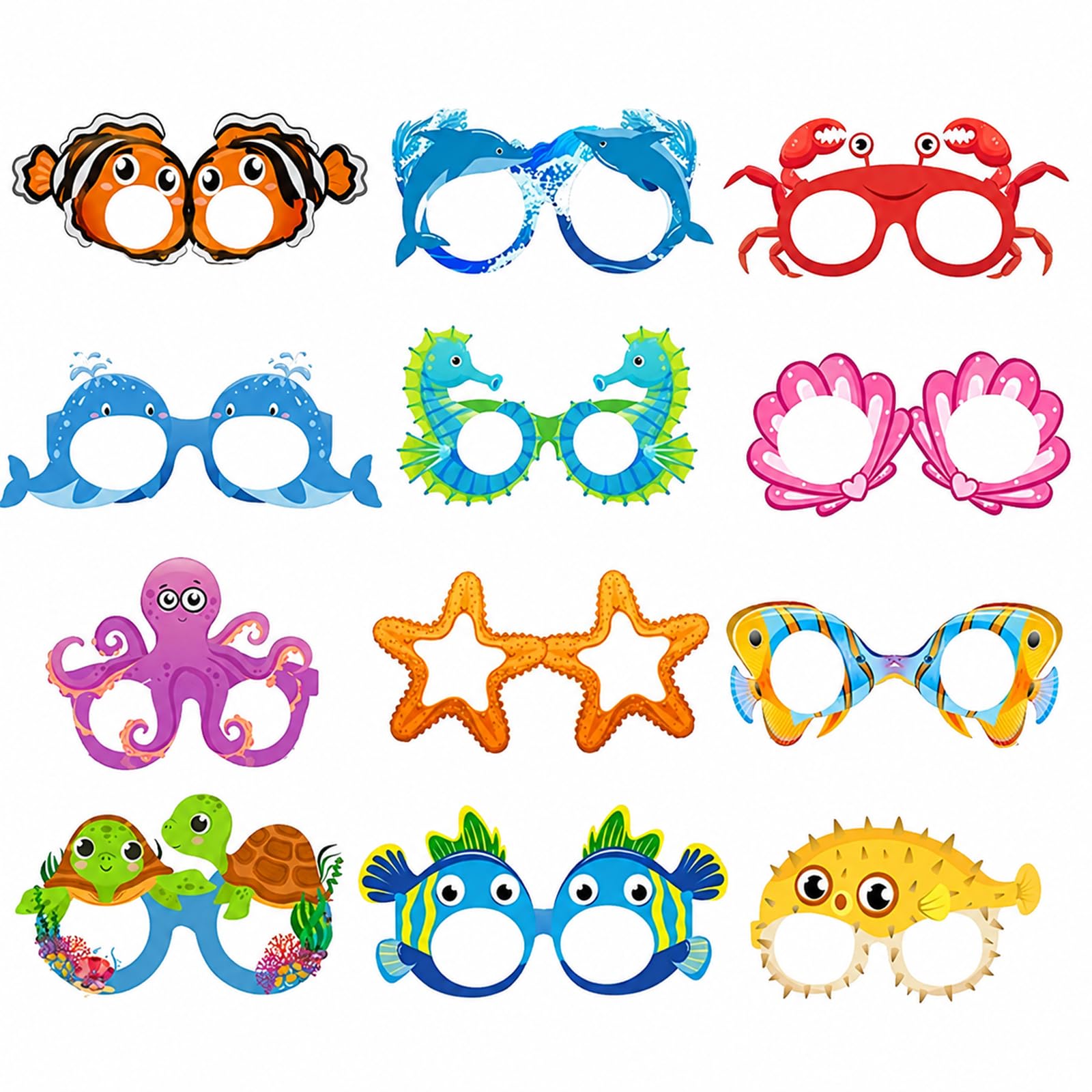 QhgPnt 24 Pieces Ocean Animal Themed Eyeglasses, Under The Sea Party Decorations, Fun Photo Prop Paper Glasses, Novelty Eyeglasses for Kids, for Sea Themed Birthday Party Favors Supplies