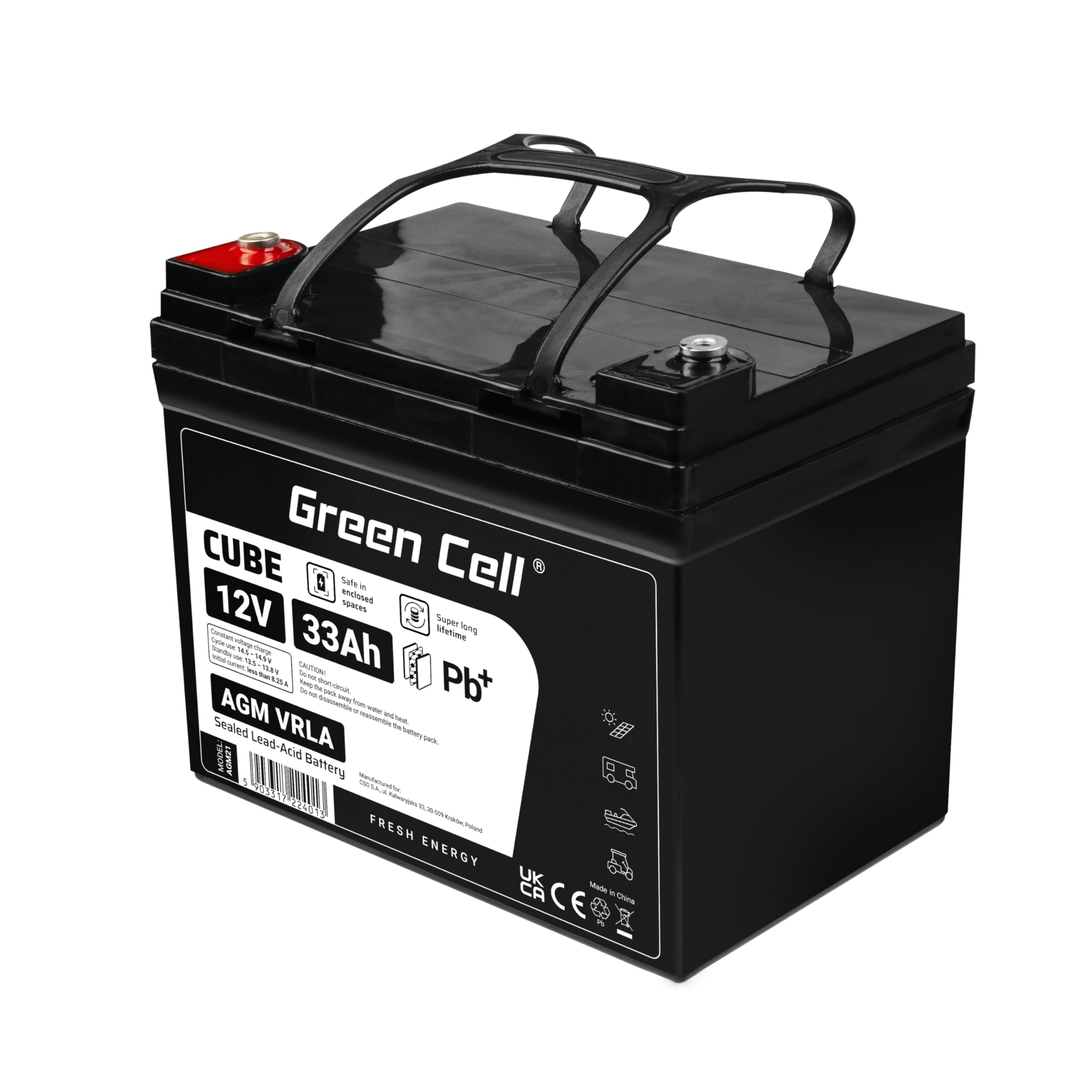 Green Cell Recambio de Batería Gel AGM 12V 33Ah Rechargeable Pila Sellada de Plomo ácido batería sin Mantenimiento Batería de Reemplazo para Autocaravanas Barcos Camper Fotovoltaica