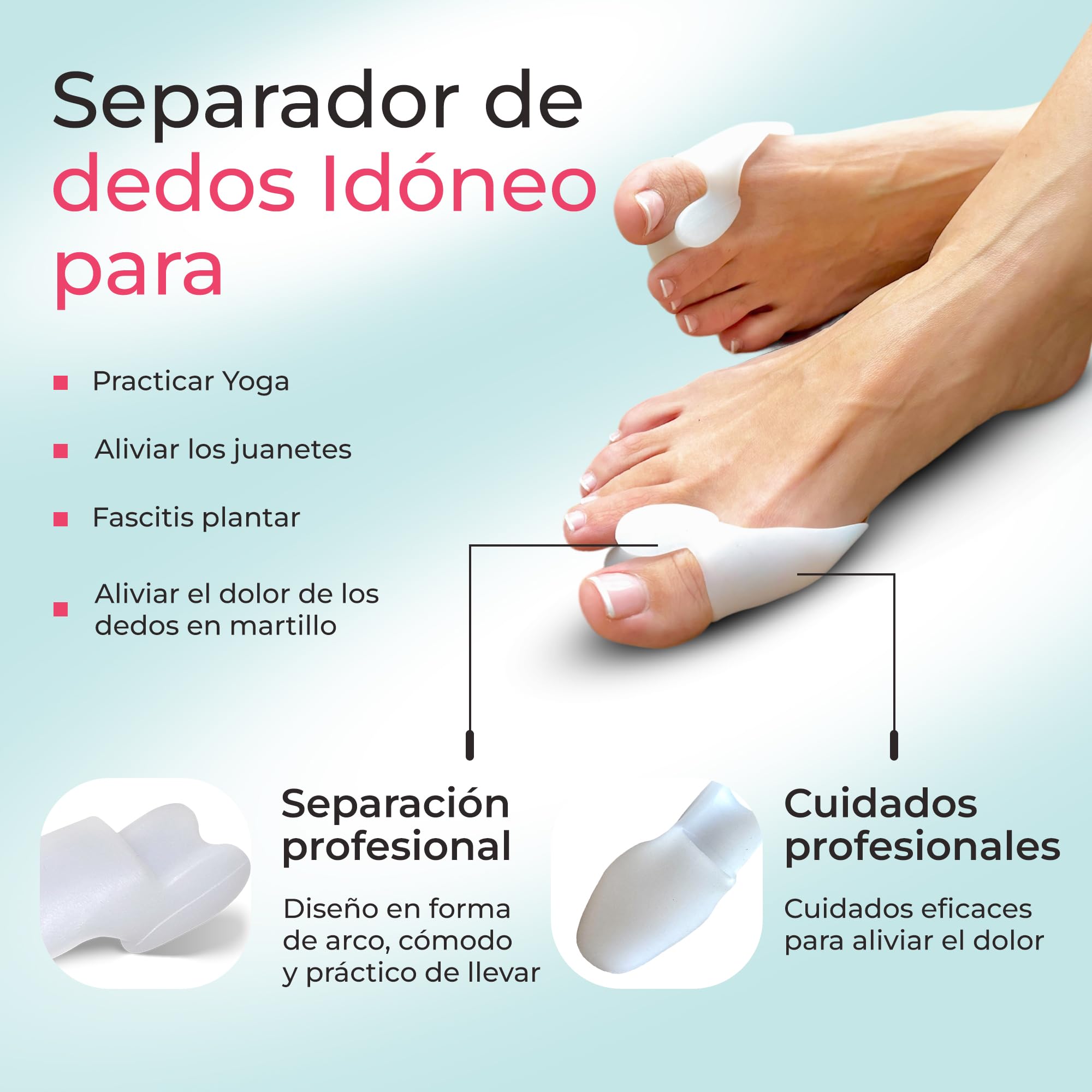 Almohadilla Metatarsiana, Separador Dedos Pie y Corrector de Juanetes, Apto Para Usar con Calcetines y Calzado, Libre de BPA, Hallux Valgus y Dedos Superpuestos, Video Ejercicios y Consejos