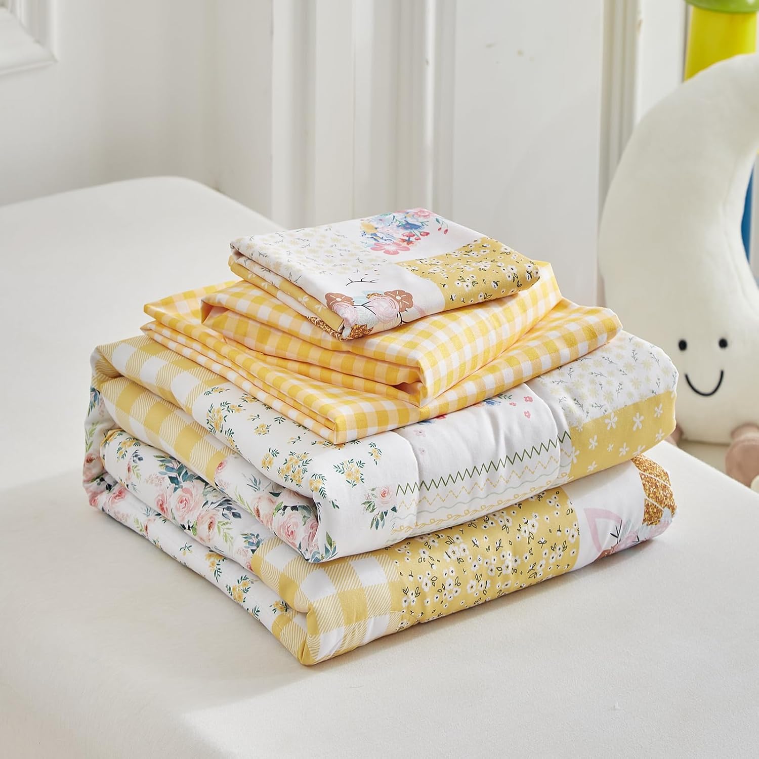 Joyreap 4 Piece Toddler Bedding Set for Girls- Butterflies Flowers Yellow n White Patchwork Design, Microfiber Toddler Bedding Comforter Set for All Seasons