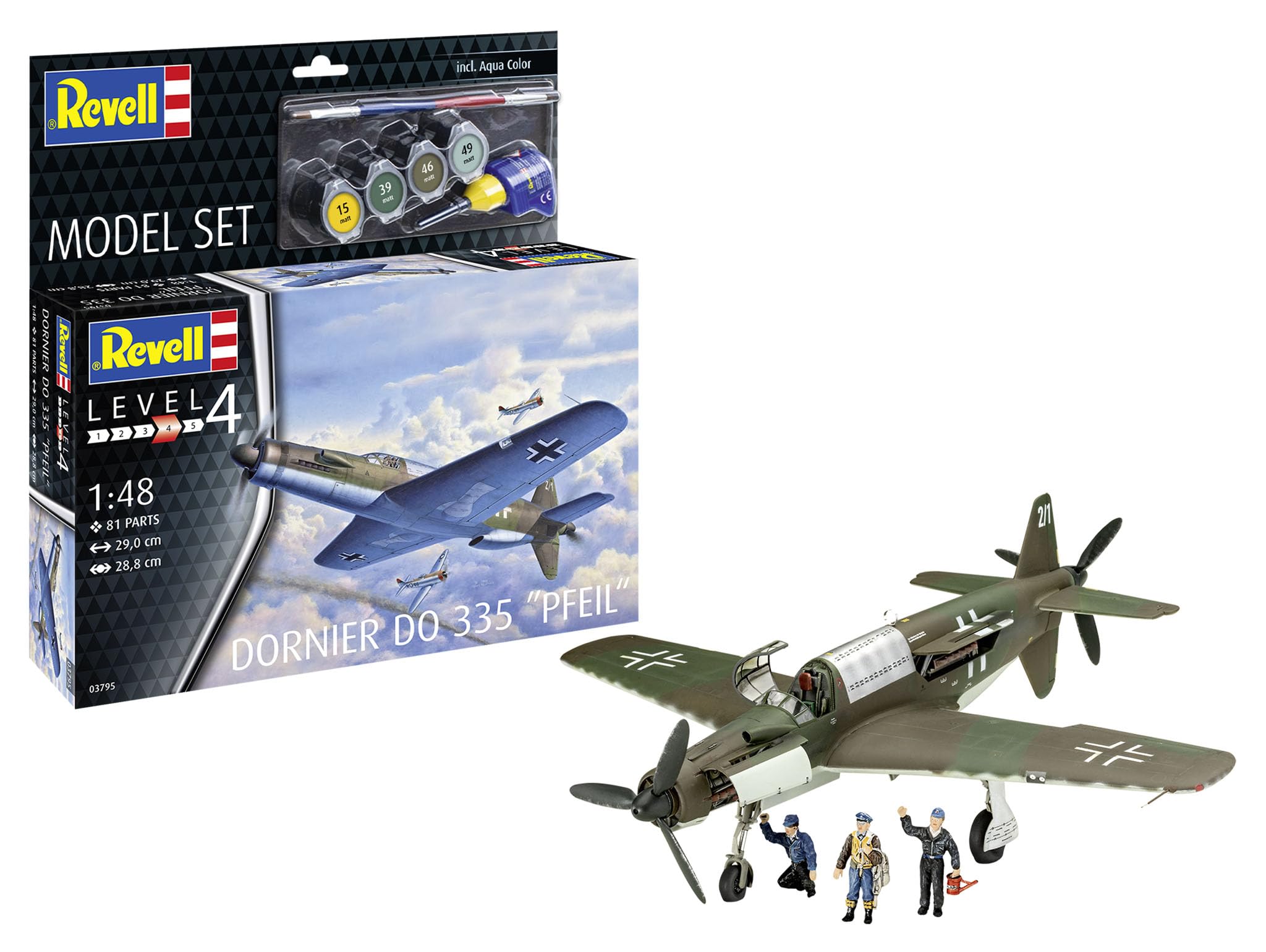 Revell Model Set 63795 Do335 Pfeil 1:76 Scale Unbuilt, Unpainted Plastic Model Kit with Contacta Professional Glue Paintbrush & Selected Aqua Color Paints