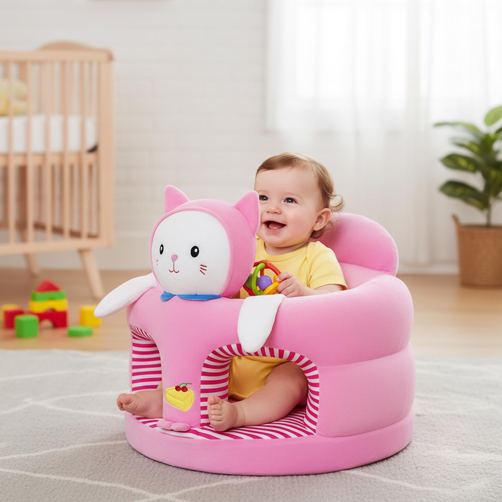 Sedia da Sit Up per Bambino Seggiolino da Pavimento con Supporto Sicuro per la Schiena Sedia da Sit Up per Neonato in Morbido Peluche, Gatto Simpatico, 40x40x35 cm