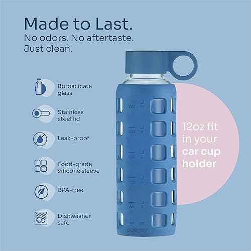Miniatura 4 de Botella de agua Purifyou de cristal de 322212 onzas, con marcador de tiempo y funda gruesa de silicona, tamaño grande de 1 litro o tamaño para niño