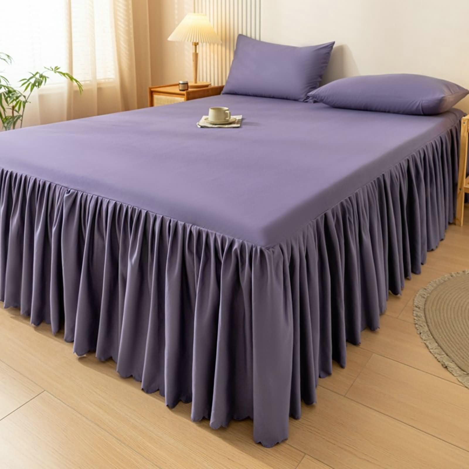 Bett Rock Lila mit 2er Kissenbezüge 200x220cm Set Warm, Bettvolants Einfarbig, Textilien Polyester Baumwolle Spannbettlaken Gesteppt für alle Jahreszeiten