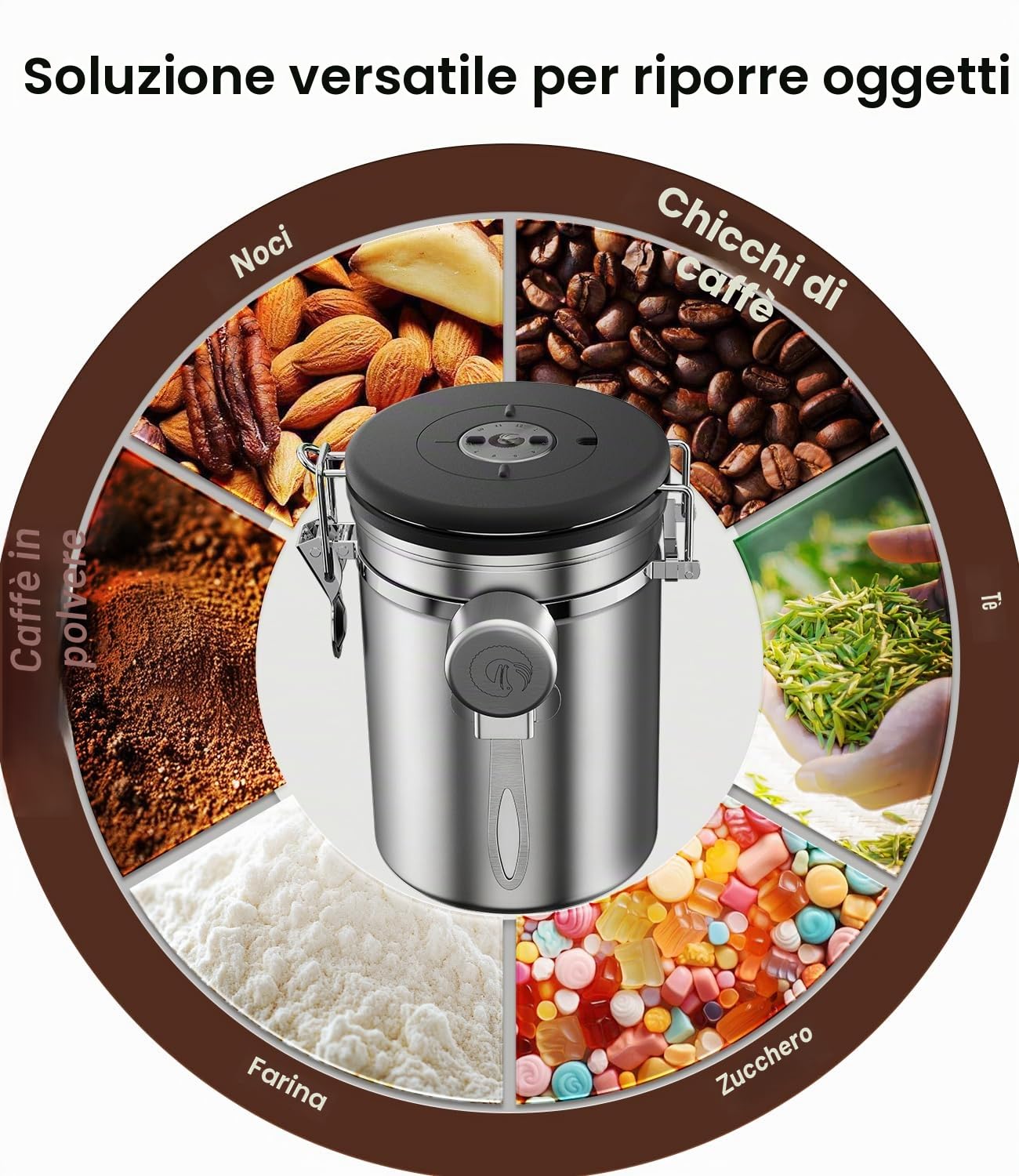 Coffee Gator Contenitore per caffè in acciaio inossidabile 1300 ml, contenitore ermetico con coperchio, indicatore di data, valvola di rilascio di CO2, cucchiaio dosatore