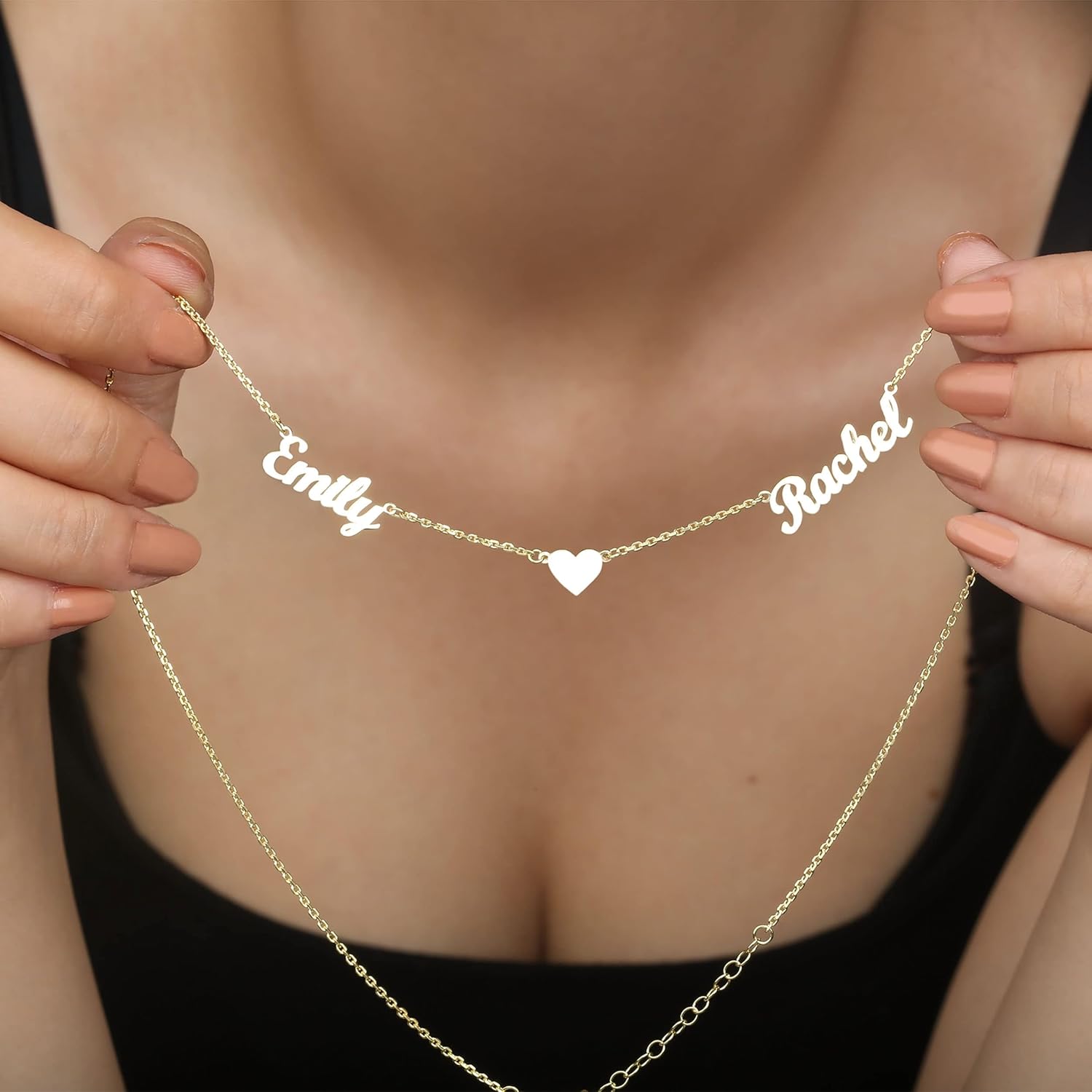 JEWEE DIAMOND Personalized Multiple Name Necklace with Heart Charm - 14K Gold/Silver Custom Pendant for Kids Names - Handmade Sideways Necklace - Dainty Gift for Women - Image 3