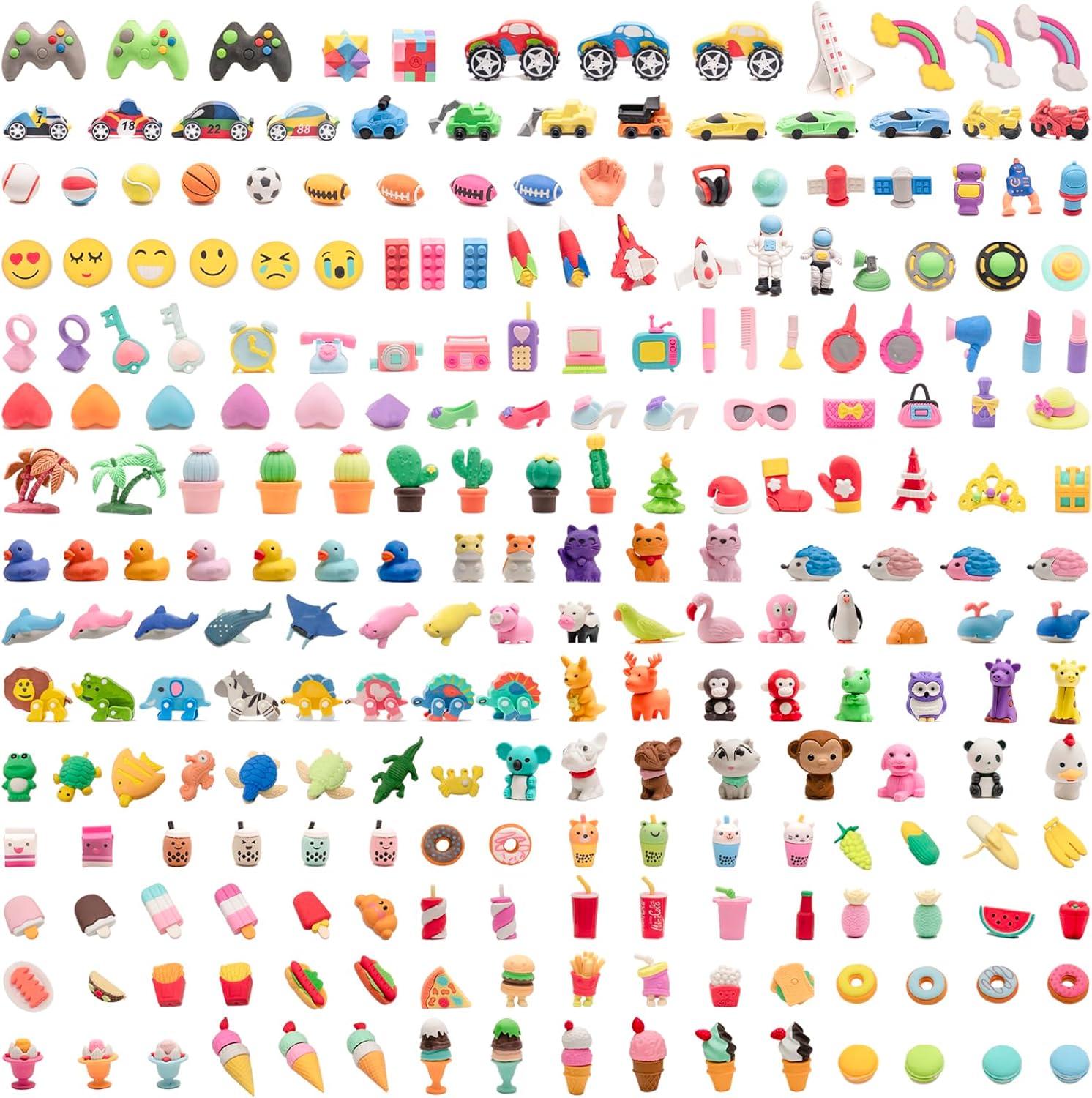 240pcs 3D Cute Kids Erasers, Random Desktop Pet Toys Gifts, Classroom Rewards Kids Party Gifts, Various Styles Such as Animals, Food, Plants, Space, Princess, Sports, Halloween, Christmas