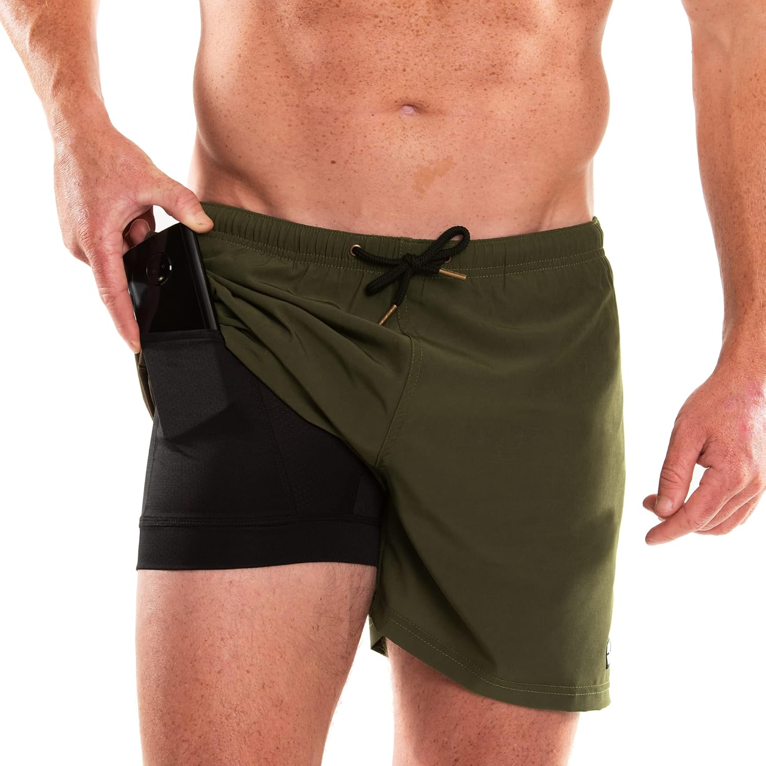 Third Wave Swim Trunks with Compression Liner - Men's Premium 5 Inch Inseam Quick Dry Swim Shorts for Beach and Swimming