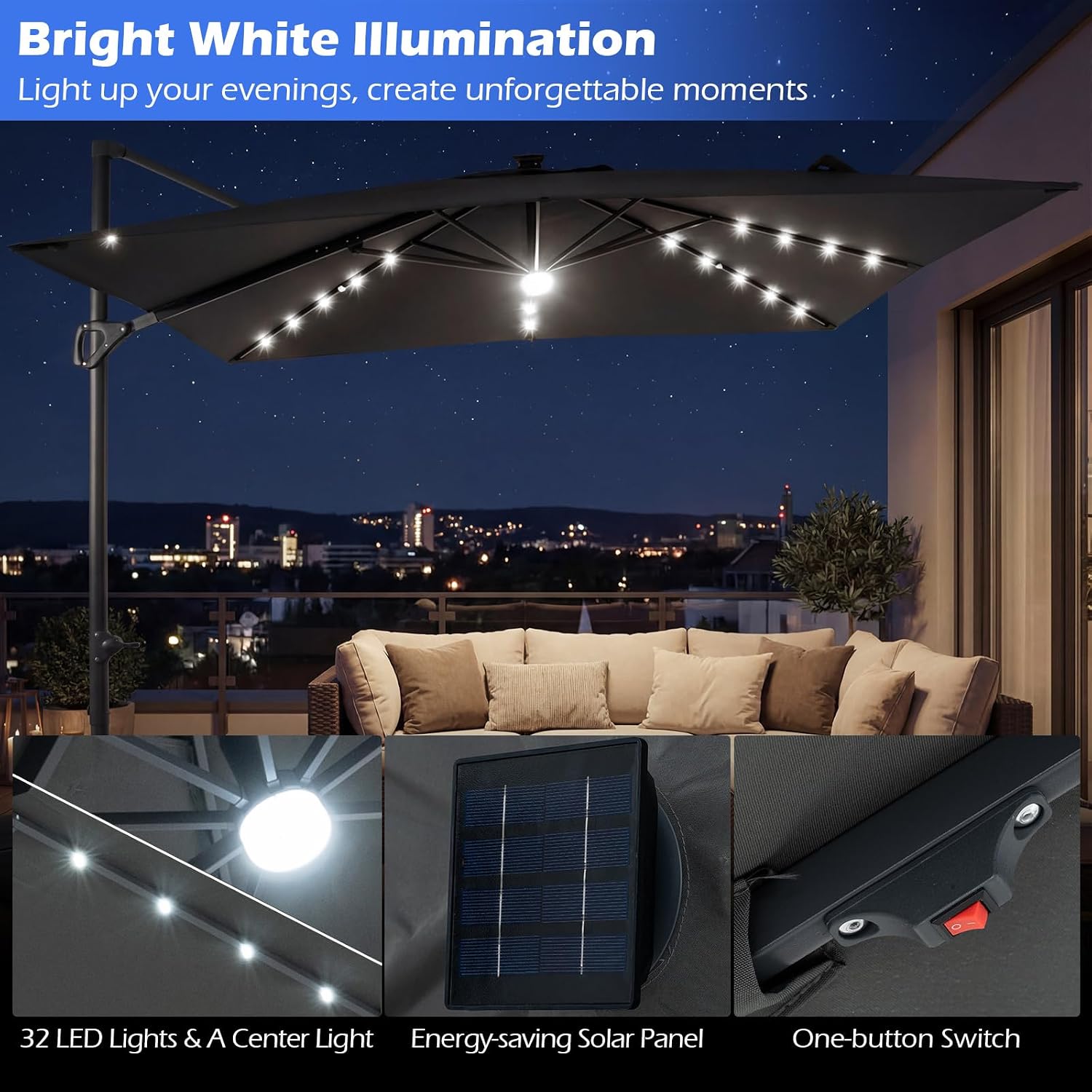 Tangkula 10ft Patio Umbrella with Solar Lights, Offset Cantilever Square Outdoor Umbrella with 32 LED Lights, Aluminum Pole, 360 Degree Rotation, Tilt Adjustment, Air Vent for Pool Deck Yard (Gray)