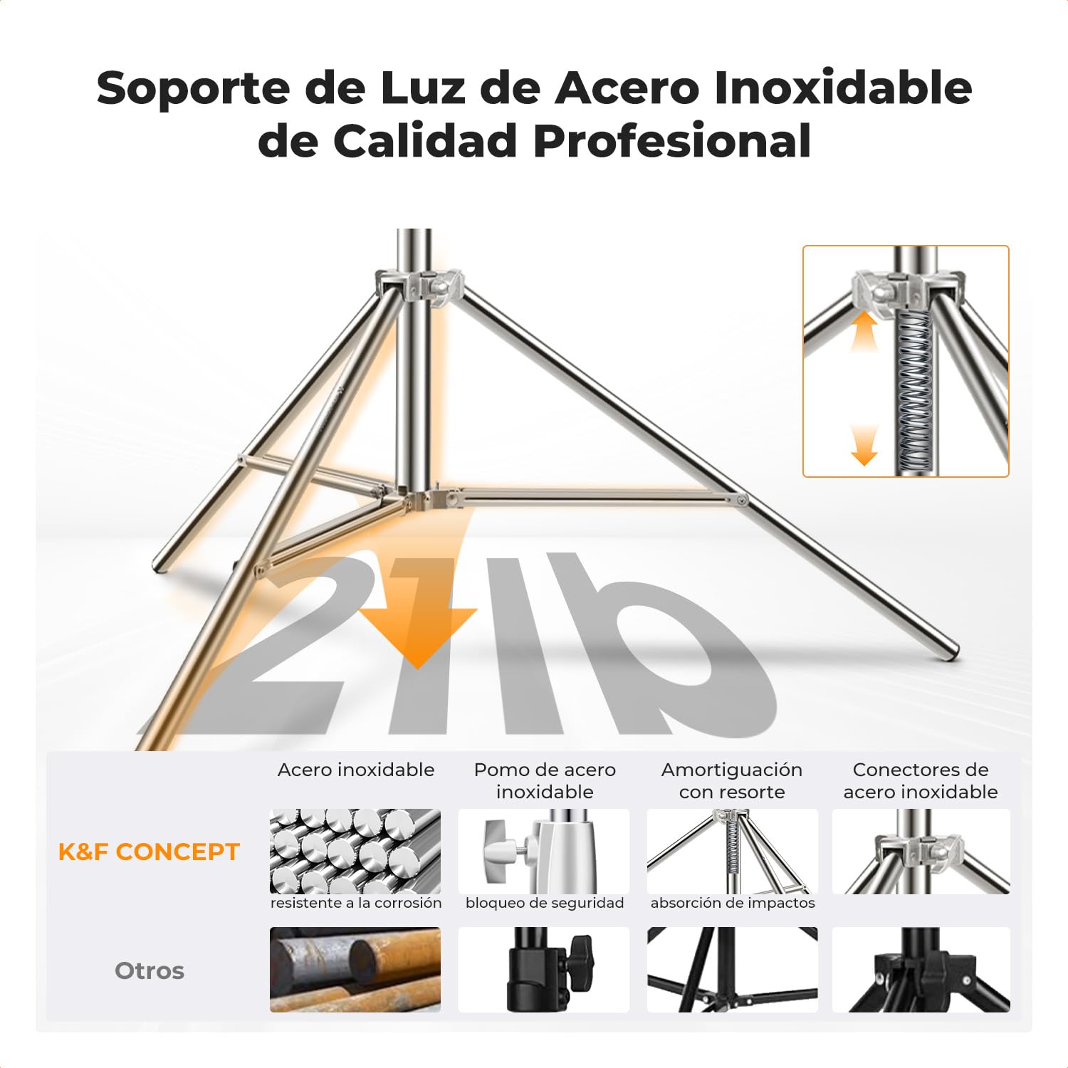 K&F CONCEPT 280cm Soporte de luz de Resorte de Acero Inoxidable, Soporte de luz de fotografía Plegable, Soporte de Alta Resistencia con Adaptador de 1/4'' & 3/8", Last 10kg