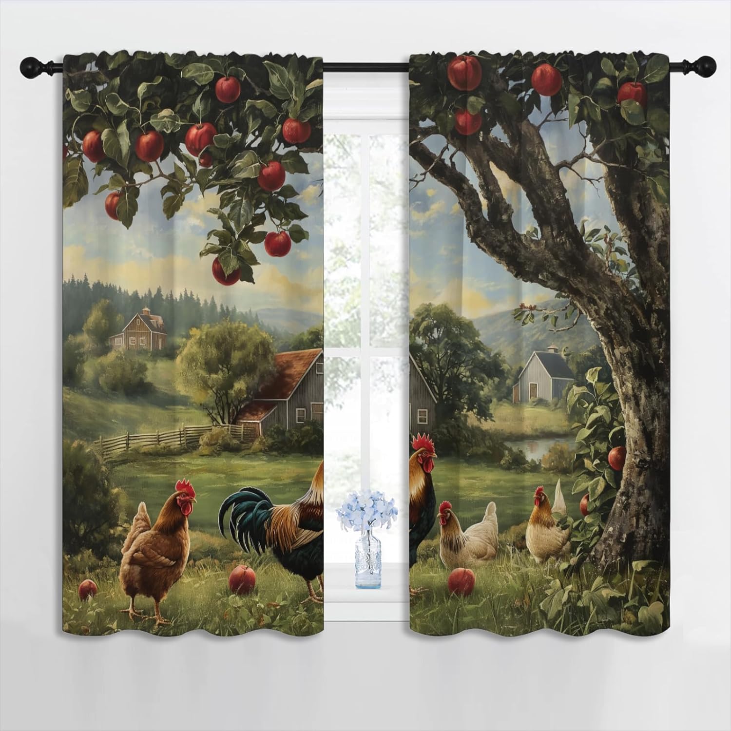 Chicken Blackout Curtains for Boys Girl Bedroom Home Decor, Farm Animals Rooster Hen Apple Cabin Thermal Insulated Rod Pocket Darkening Living Room Window Drapes, 42 x 45 inch