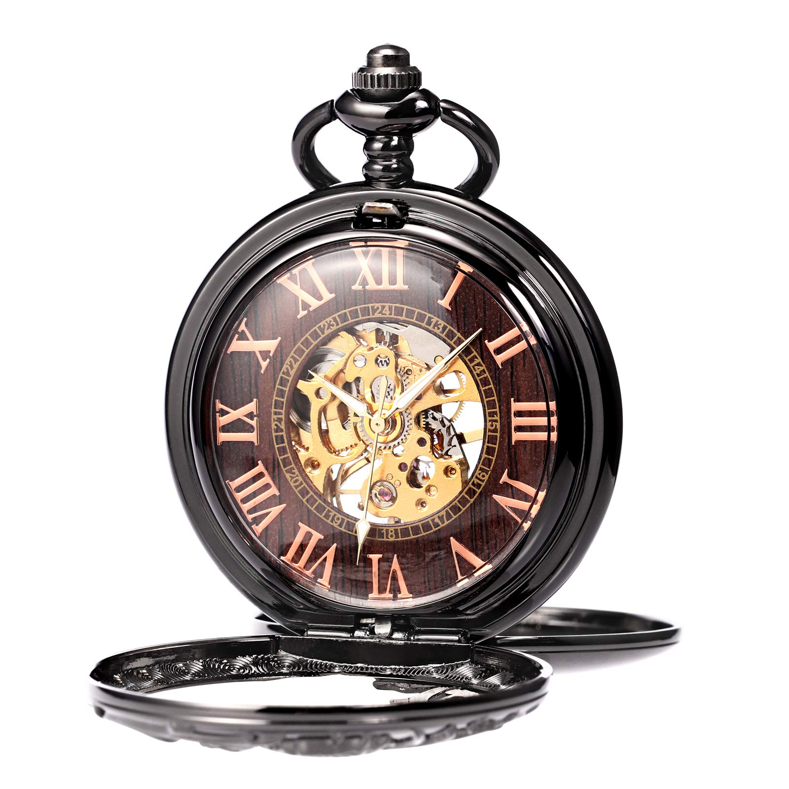 TREEWETO Reloj de bolsillo mecánico de dragón antiguo para hombre, color negro y bronce, doble caja con cadena