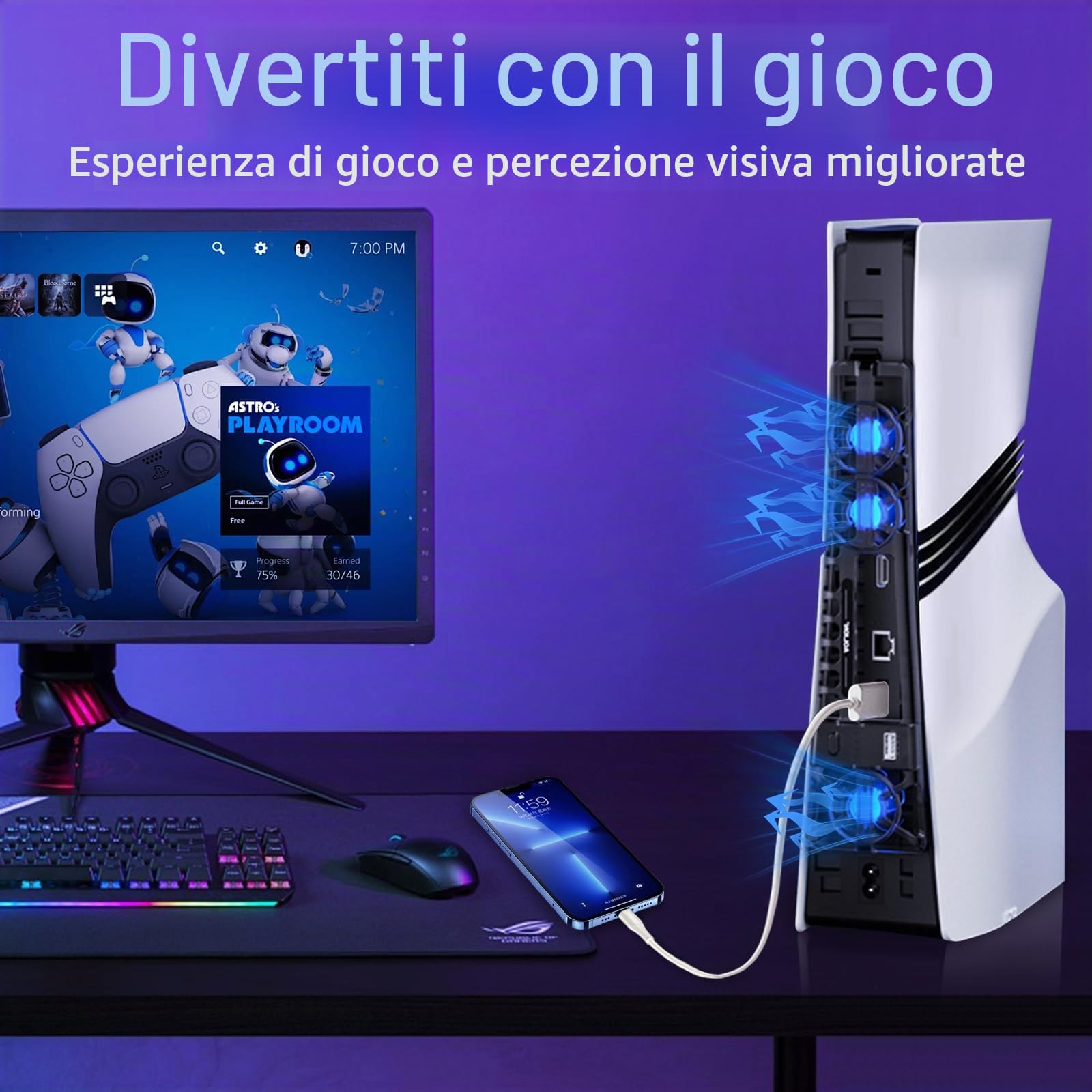 Accessori di Raffreddamento per PS5 Pro/PS5 Slim Ventola di Raffreddamento con Luce LED e Velocità Regolabile,Rilevamento Automatico Della Temperatura,Porta USB Extra