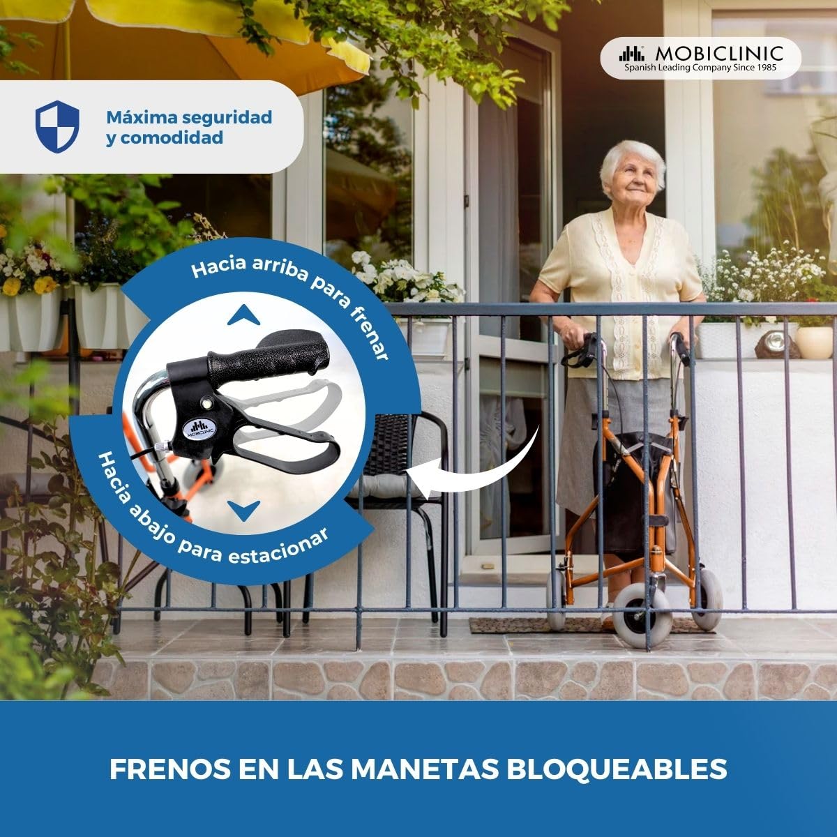 Mobiclinic®, Andador plegable 3 ruedas, Caleta, Cesta con tapa y bolsa, Frenos en manetas, Regulable altura, Marca española, Ligero, Estructura manejable, Pequeñas, Naranja