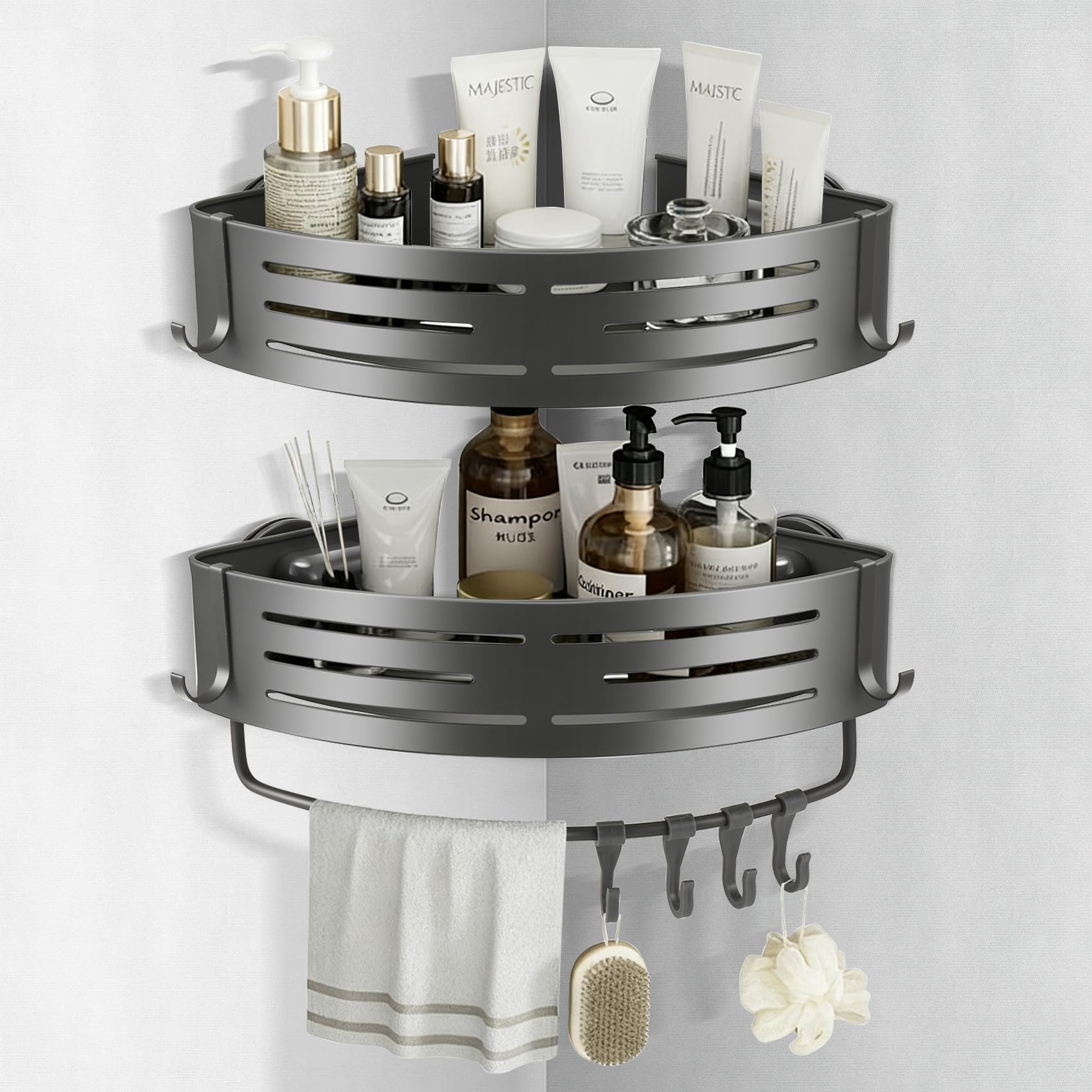 Corner Shower Caddy, Corner Shower Suction Cup, Corner Shower Shelf with Hooks, Bathroom Shelves No Drilling, Bathroom Organiser for Bathrooms Storage (Aluminum, 2-Pack)