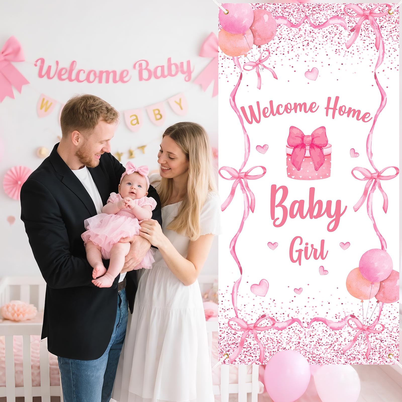 Decoración de pancarta de bienvenida a casa para bebé, decoración de baby shower, diseño de lazo rosa, decoración de coqueta, cubierta de puerta de bebé, telón de fondo para niñas, revelación de