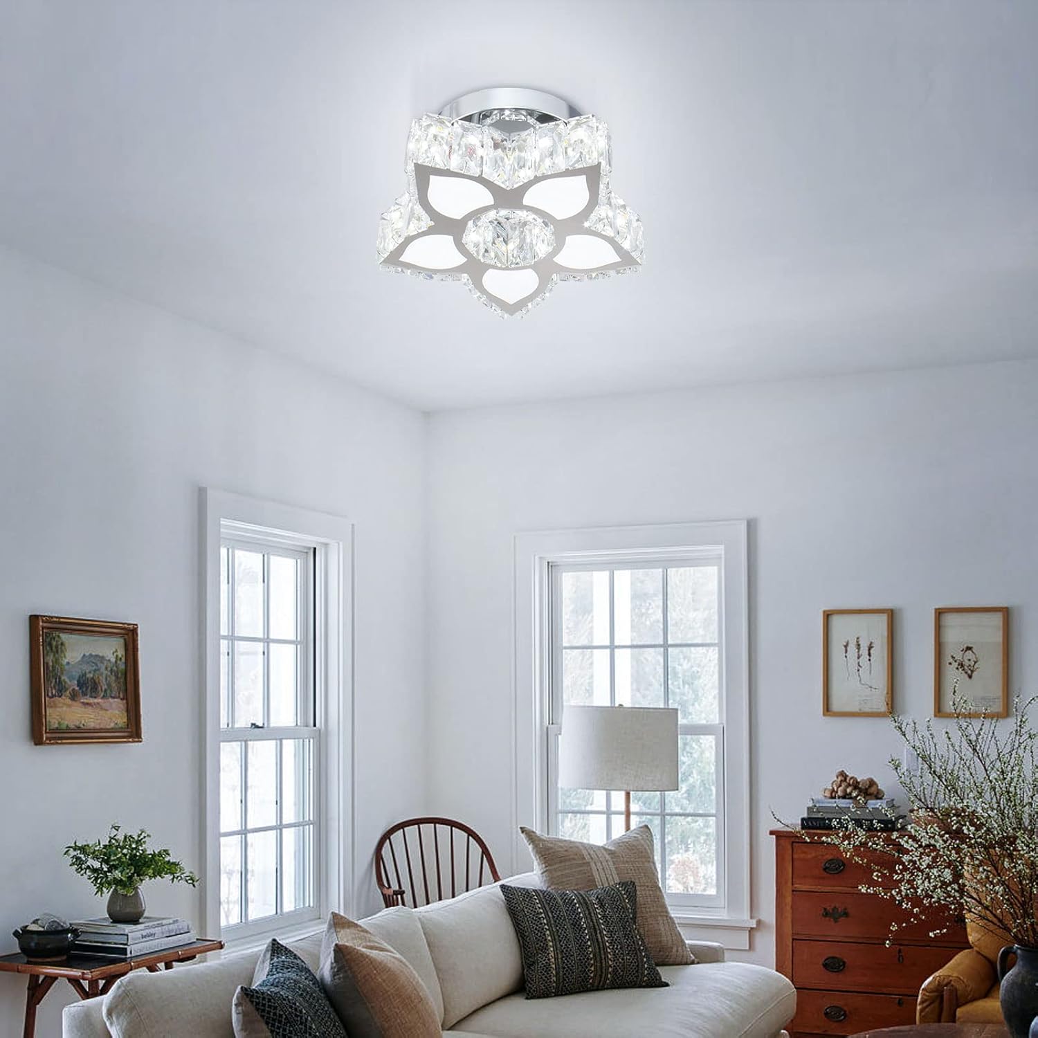 FRIXCHUR Crystal Ceiling Light Modern Mini Chandelier Flower LED Flush Mount Ceiling Light Fixture for Dining Room Bedroom Living Room Small Room (Cool White)